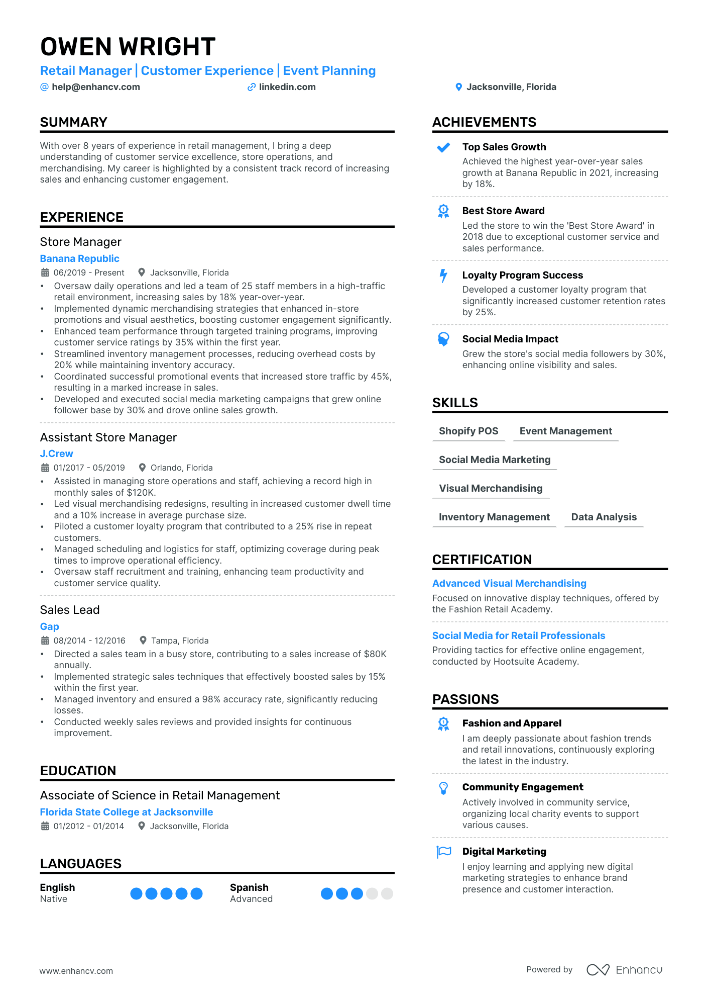 Retail Manager | Customer Experience | Event Planning resume example