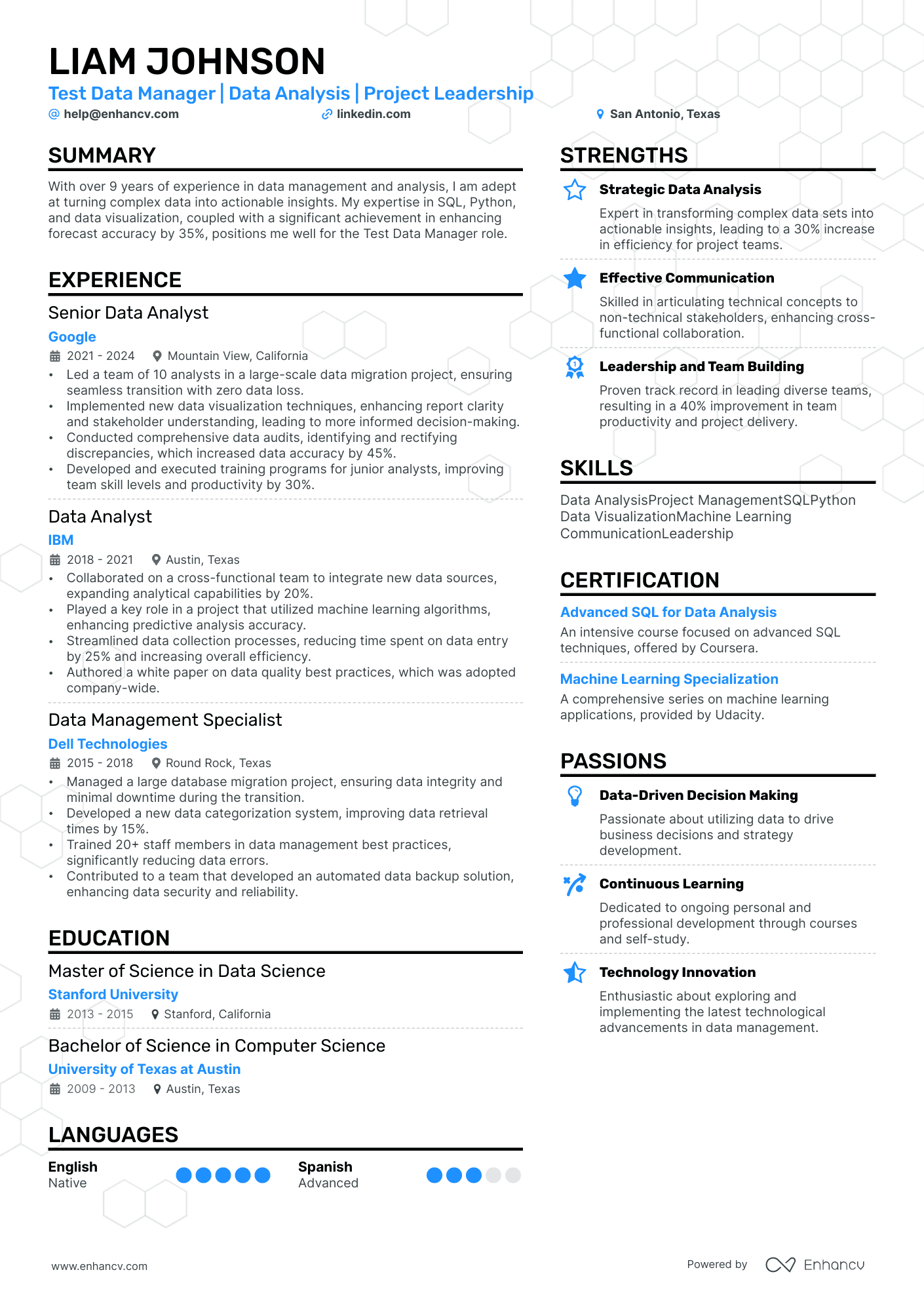 Test Data Manager | Data Analysis | Project Leadership resume example