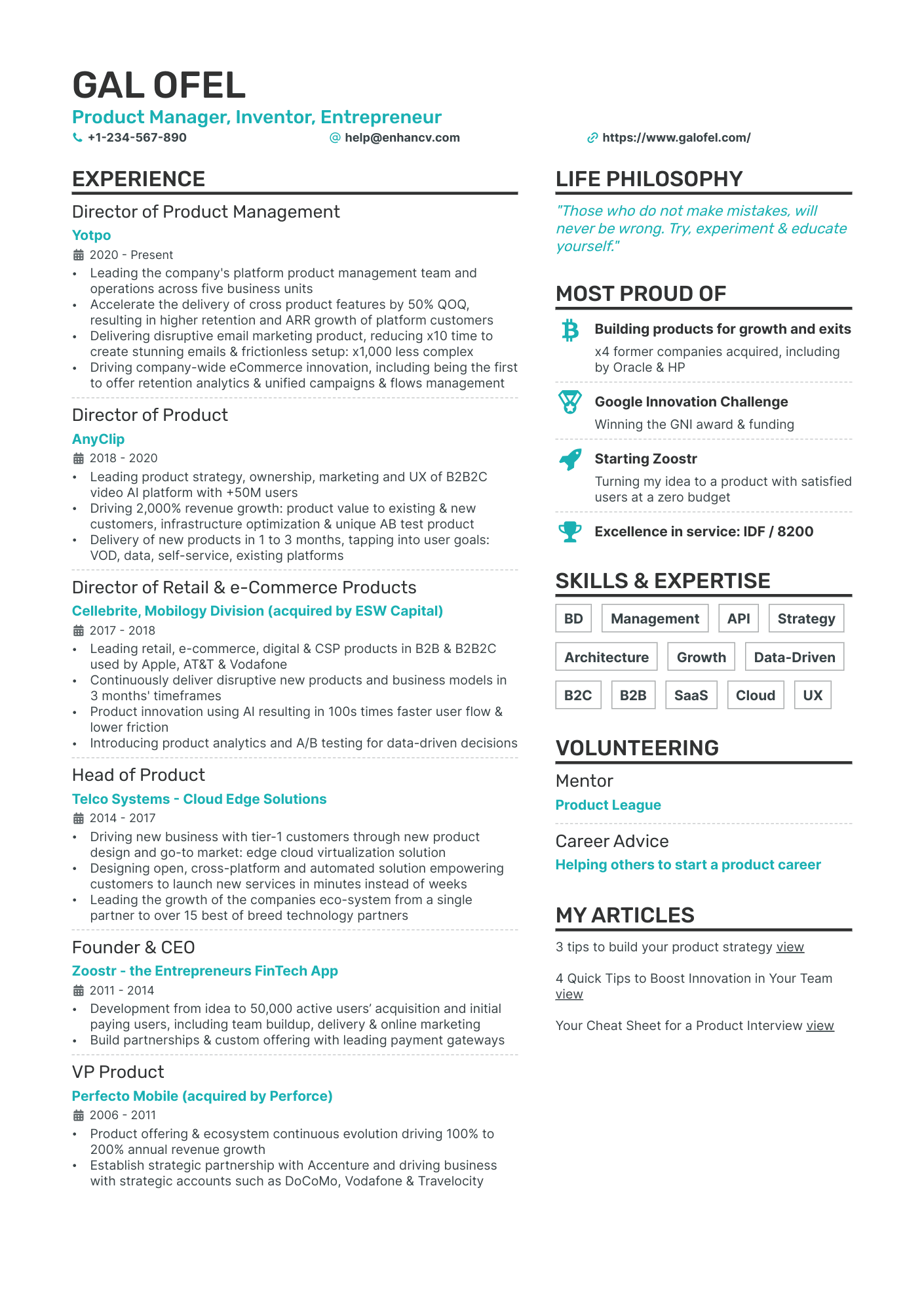 Product Manager, Inventor, Entrepreneur resume example