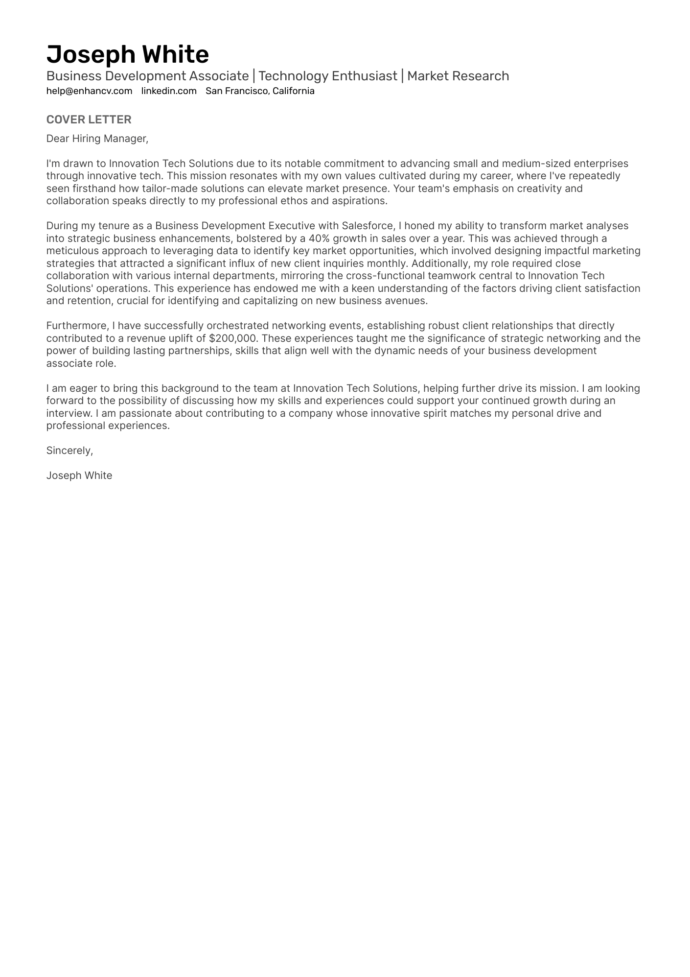 Business Development Associate | Technology Enthusiast | Market Research resume example