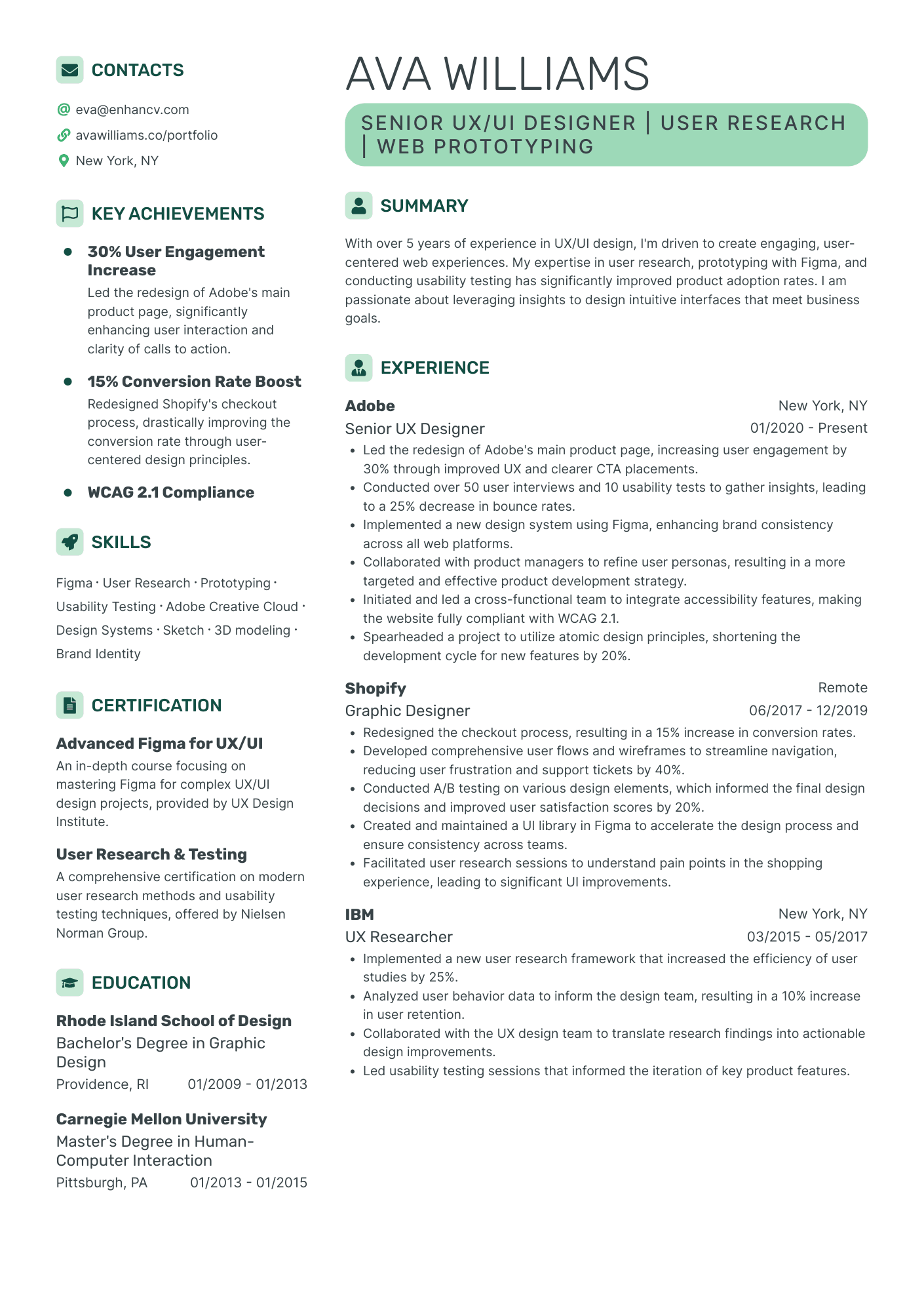 Senior UX/UI Designer | User Research | Web Prototyping resume example