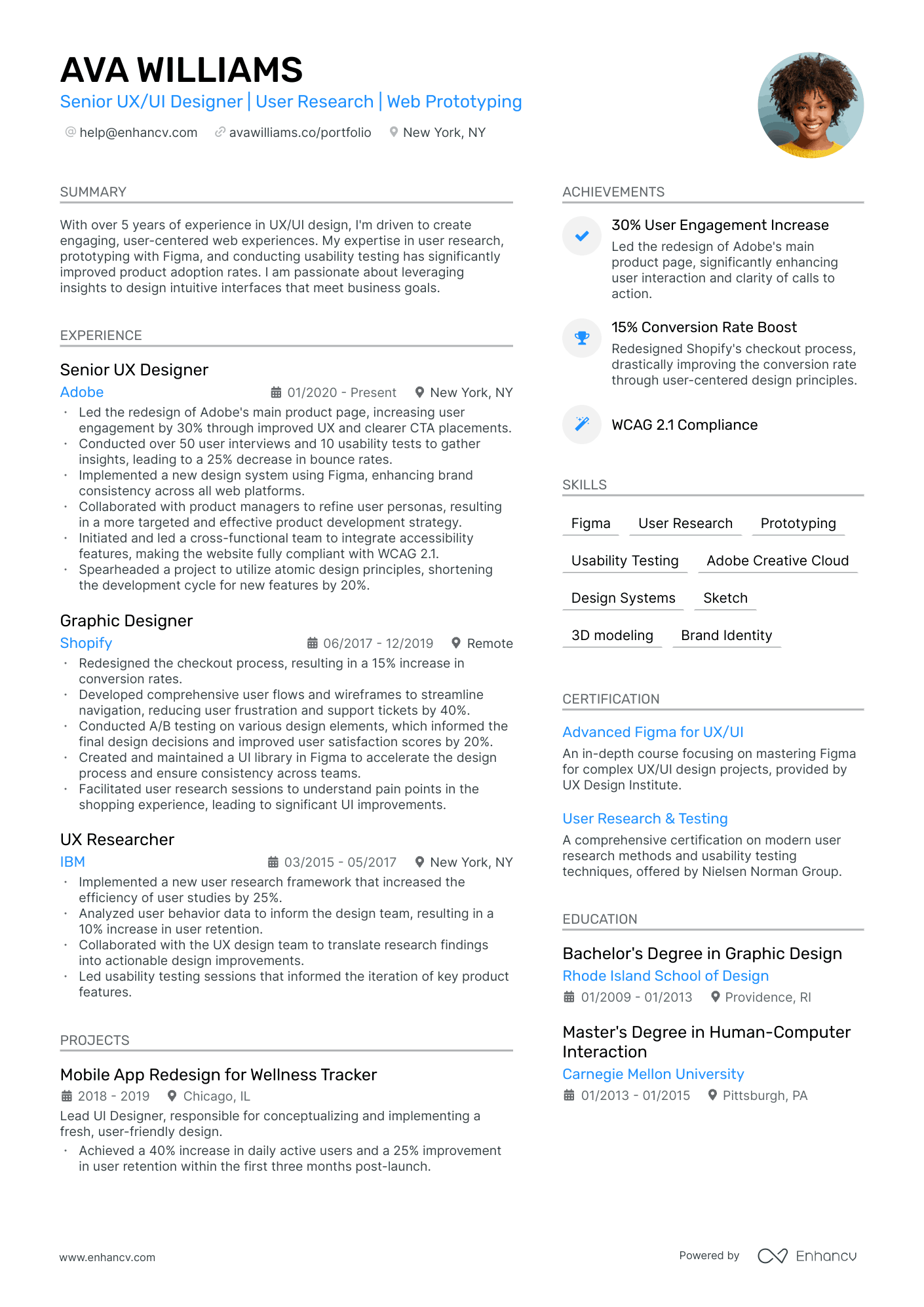 Senior UX/UI Designer | User Research | Web Prototyping resume example