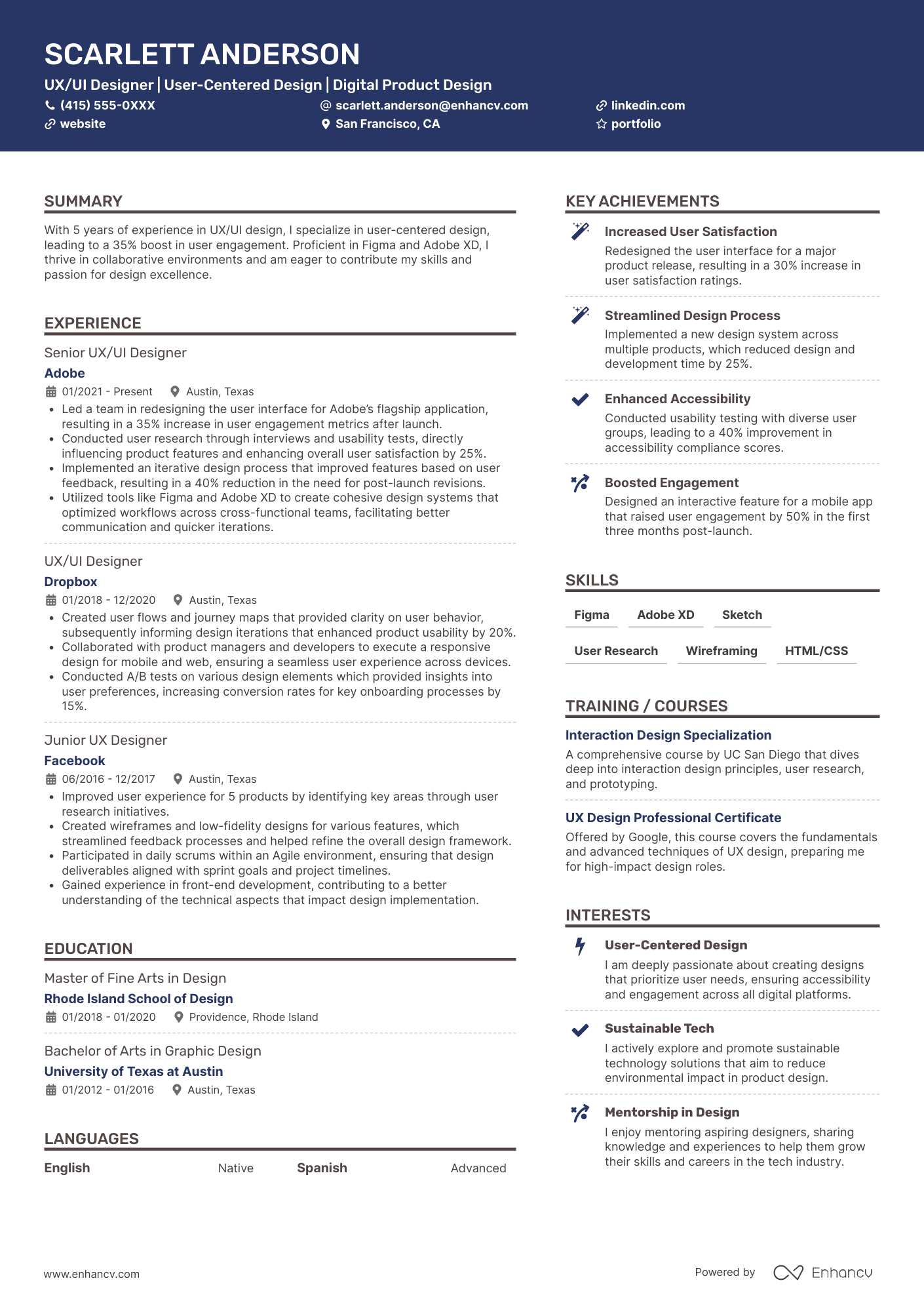 UX/UI Designer | User Centered Design | Digital Product Design resume example