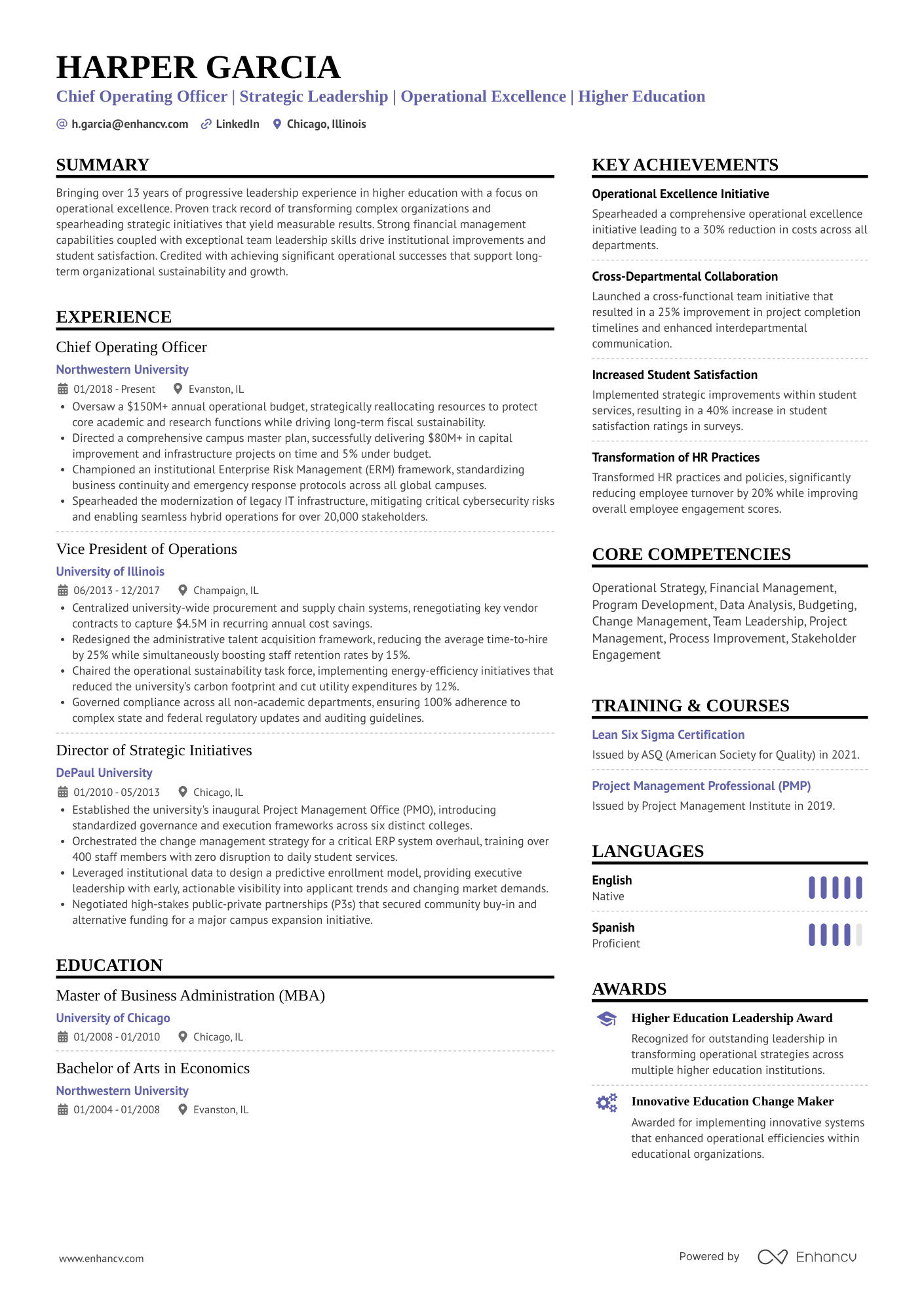 Chief Operating Officer | Strategic Leadership | Operational Excellence | Higher Education resume example