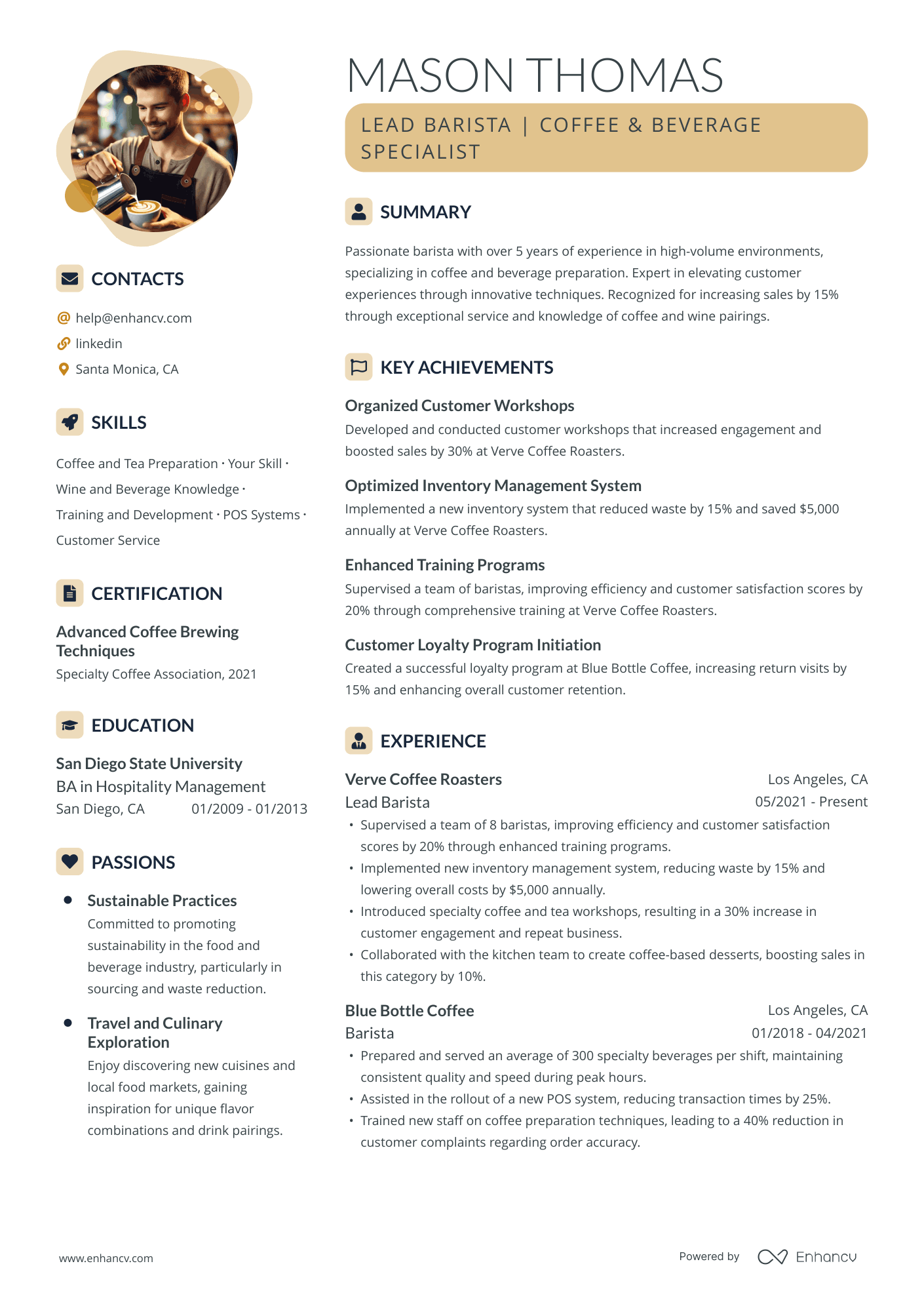 Lead Barista | Coffee &amp; Beverage Specialist resume example