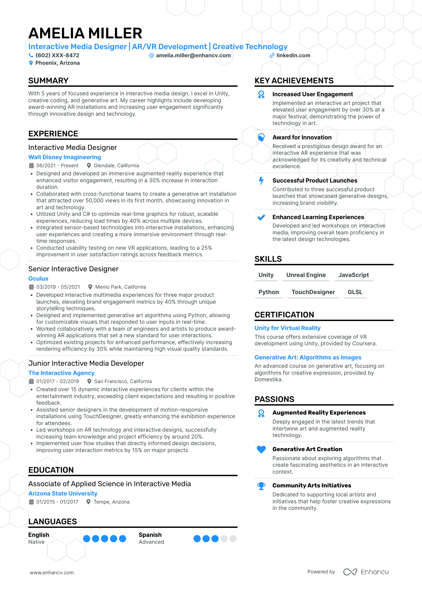 Interactive Media Designer | AR/VR Development | Creative Technology resume example