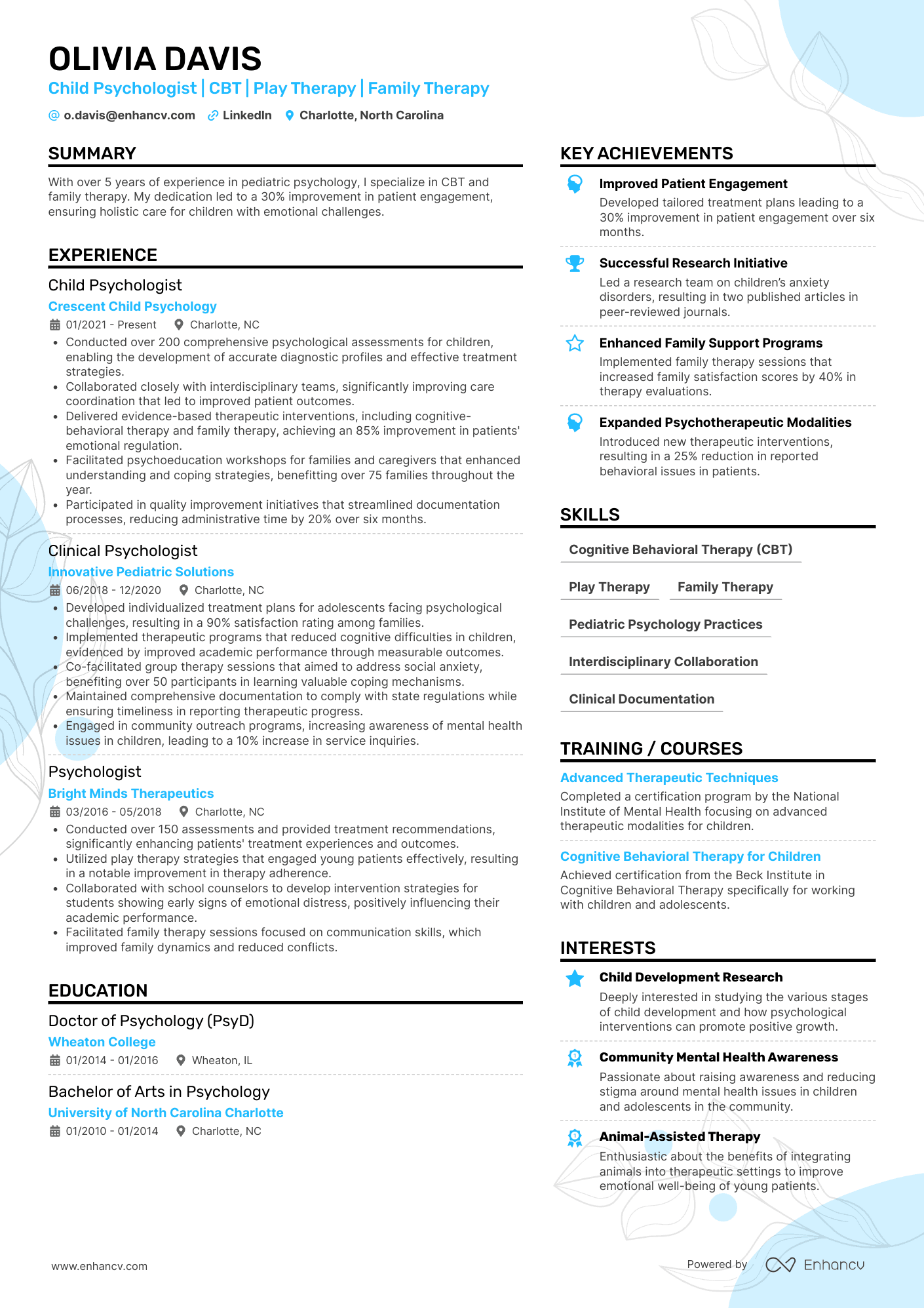 Child Psychologist | CBT | Play Therapy | Family Therapy resume example
