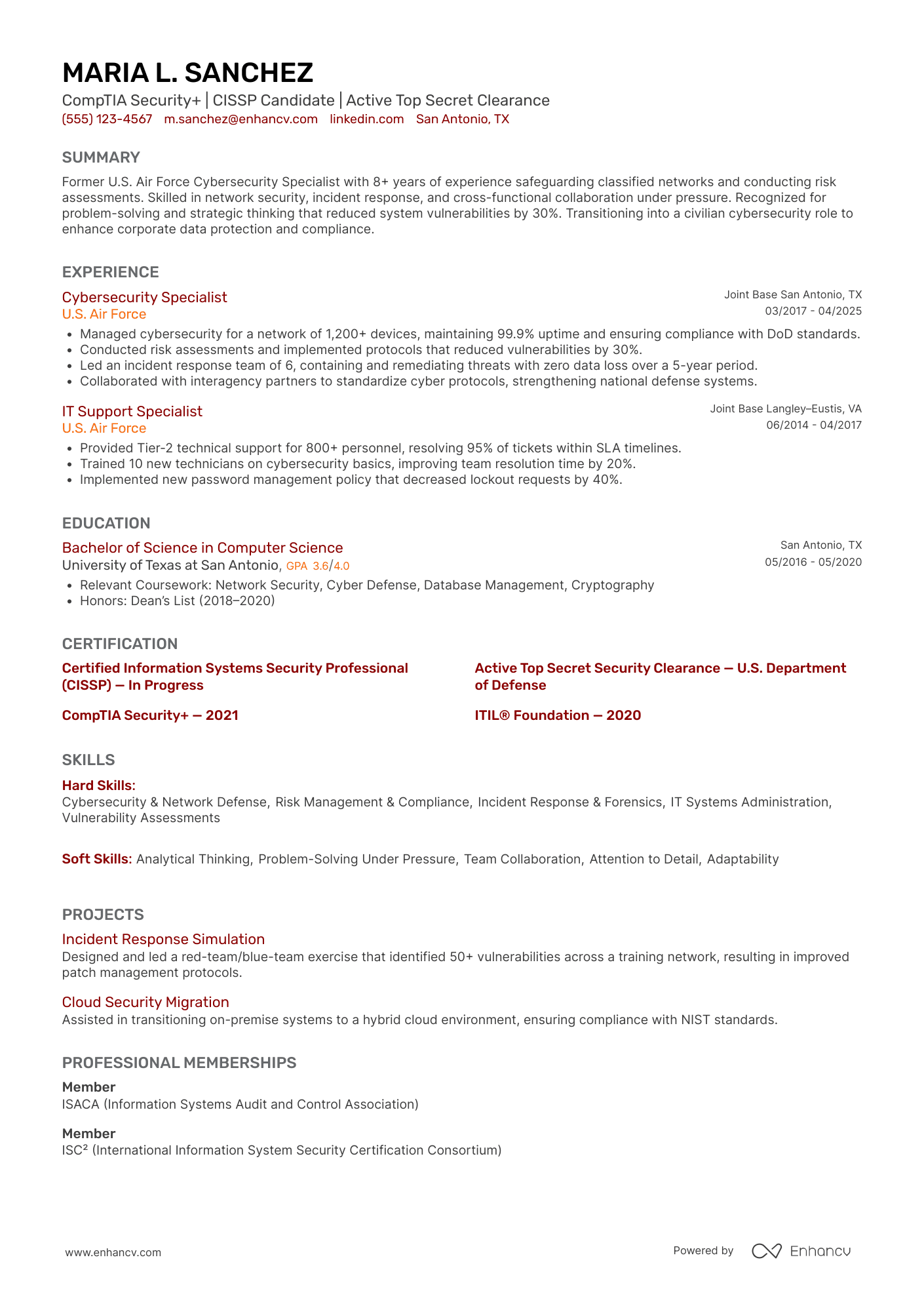CompTIA Security+ | CISSP Candidate | Active Top Secret Clearance resume example