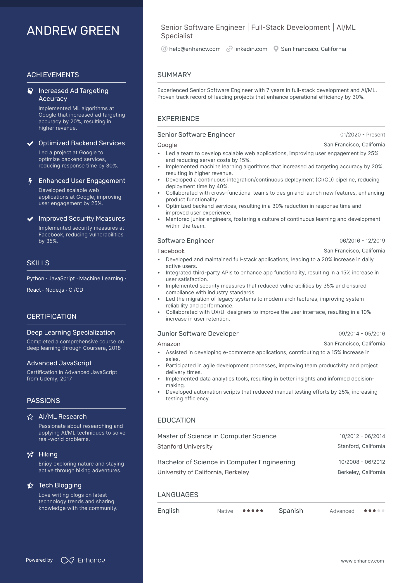 Senior Software Engineer | Full Stack Development | AI/ML Specialist resume example