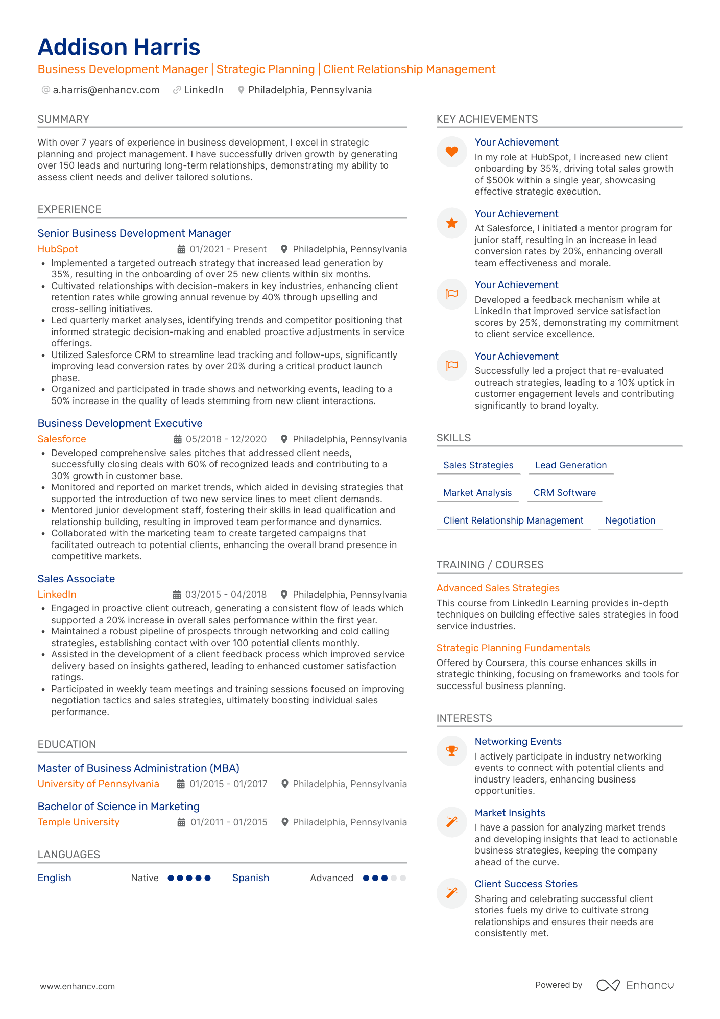 Business Development Manager | Strategic Planning | Client Relationship Management resume example