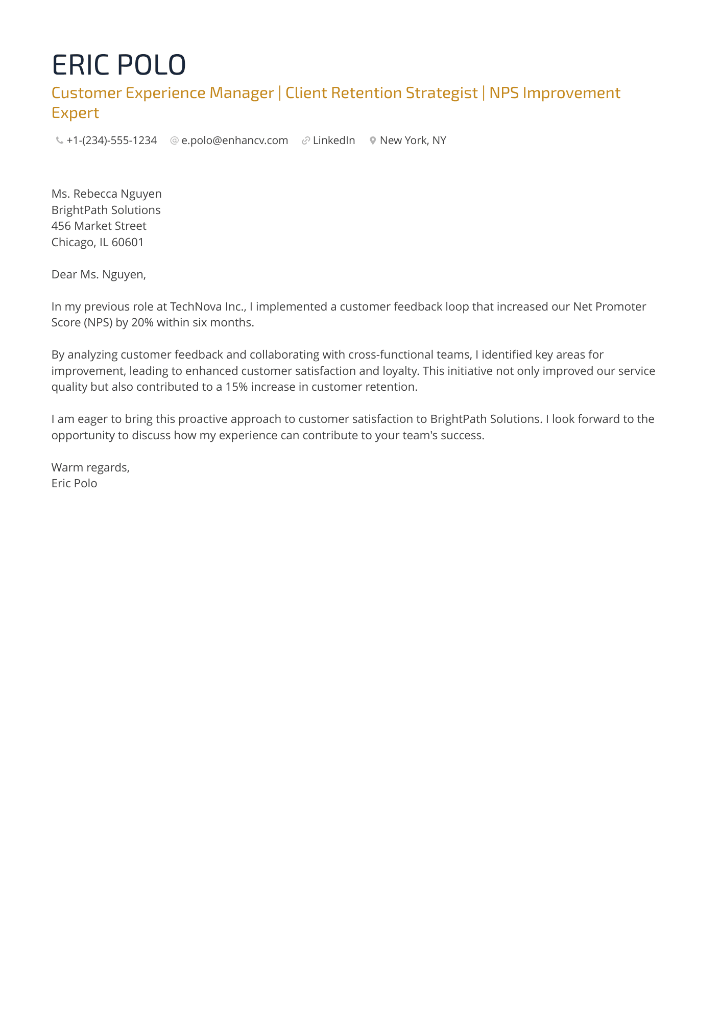 Customer Experience Manager | Client Retention Strategist | NPS Improvement Expert resume example