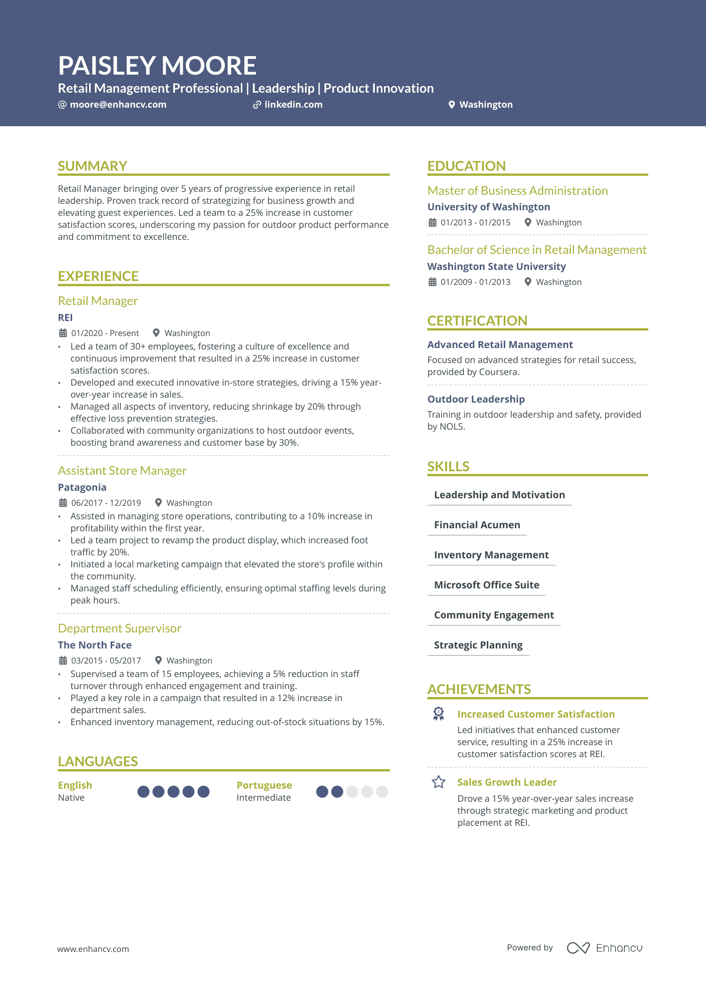 Retail Management Professional | Leadership | Product Innovation resume example