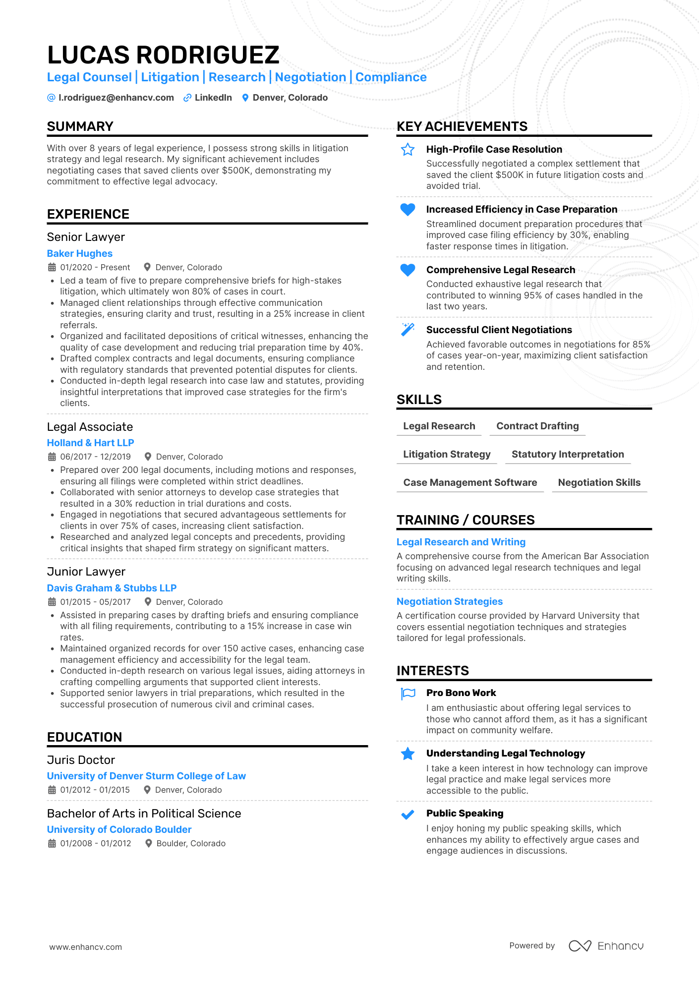 Legal Counsel | Litigation | Research | Negotiation | Compliance resume example