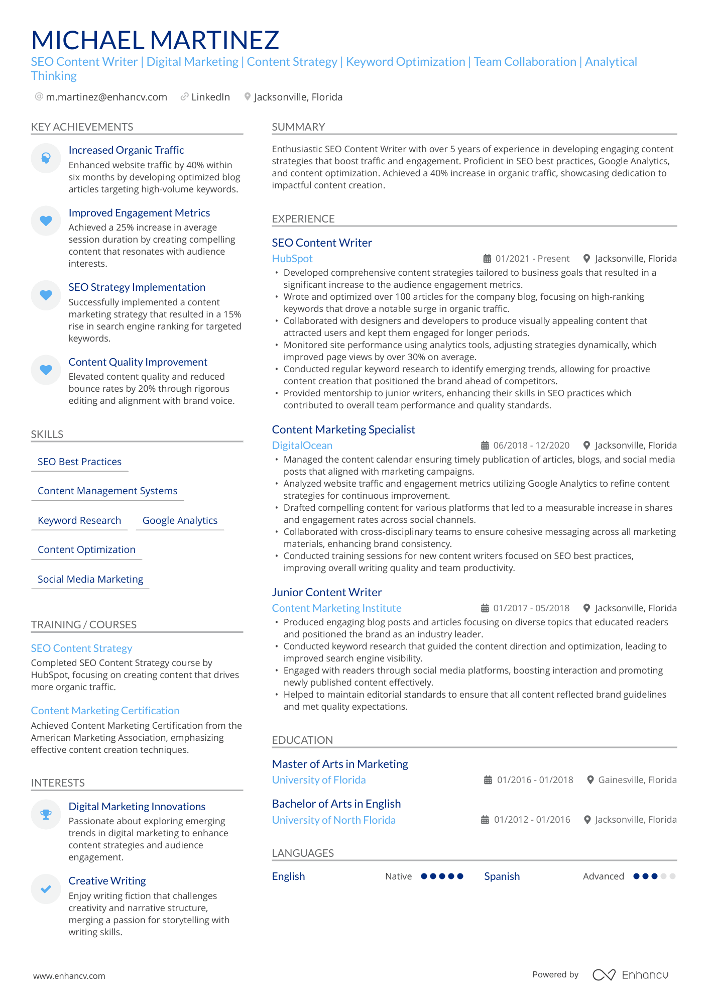 SEO Content Writer | Digital Marketing | Content Strategy | Keyword Optimization | Team Collaboration | Analytical Thinking resume example