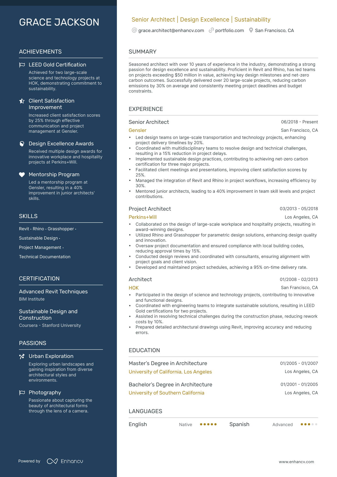 Senior Architect | Design Excellence | Sustainability resume example