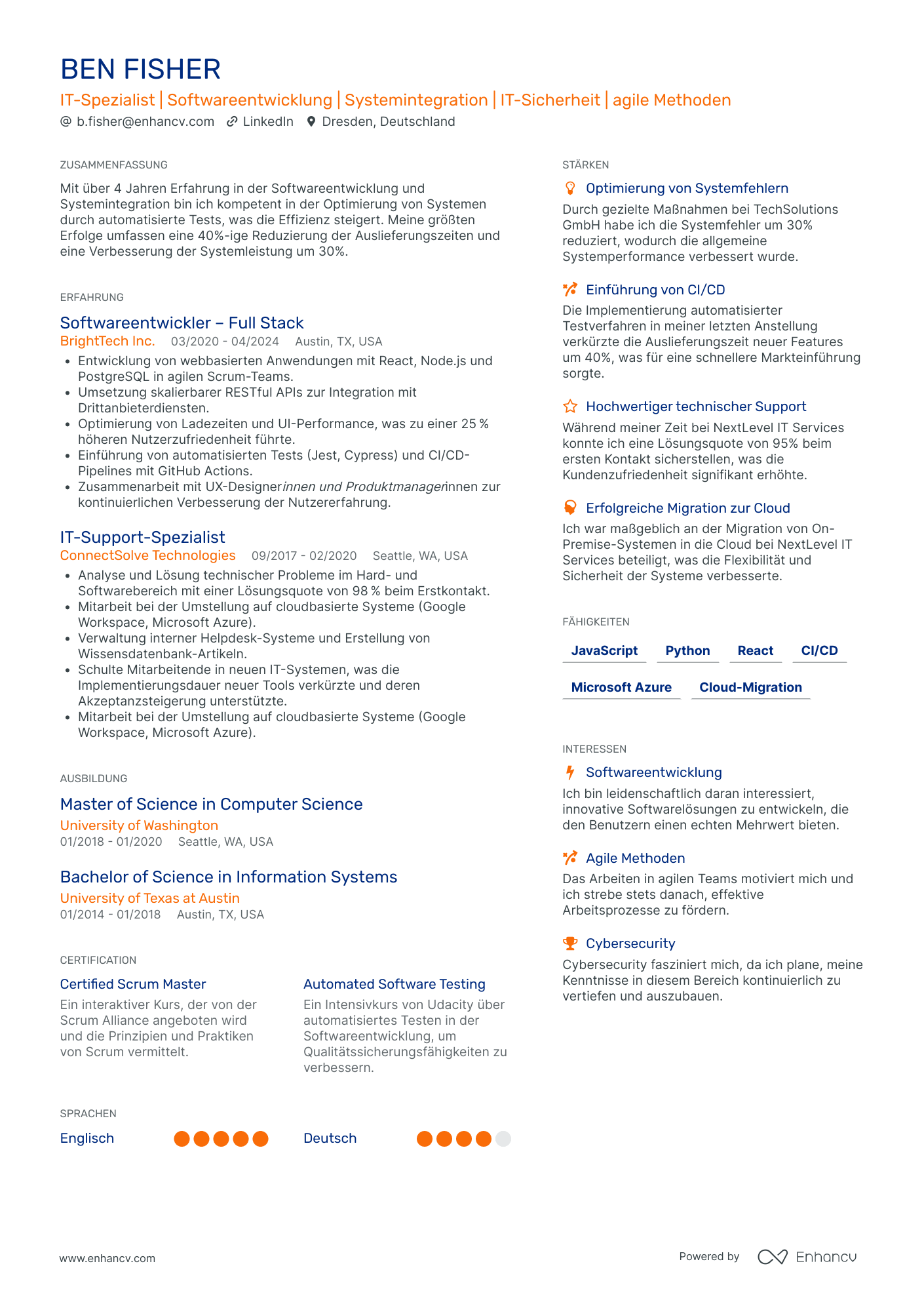 IT Spezialist | Softwareentwicklung | Systemintegration | IT Sicherheit | agile Methoden resume example