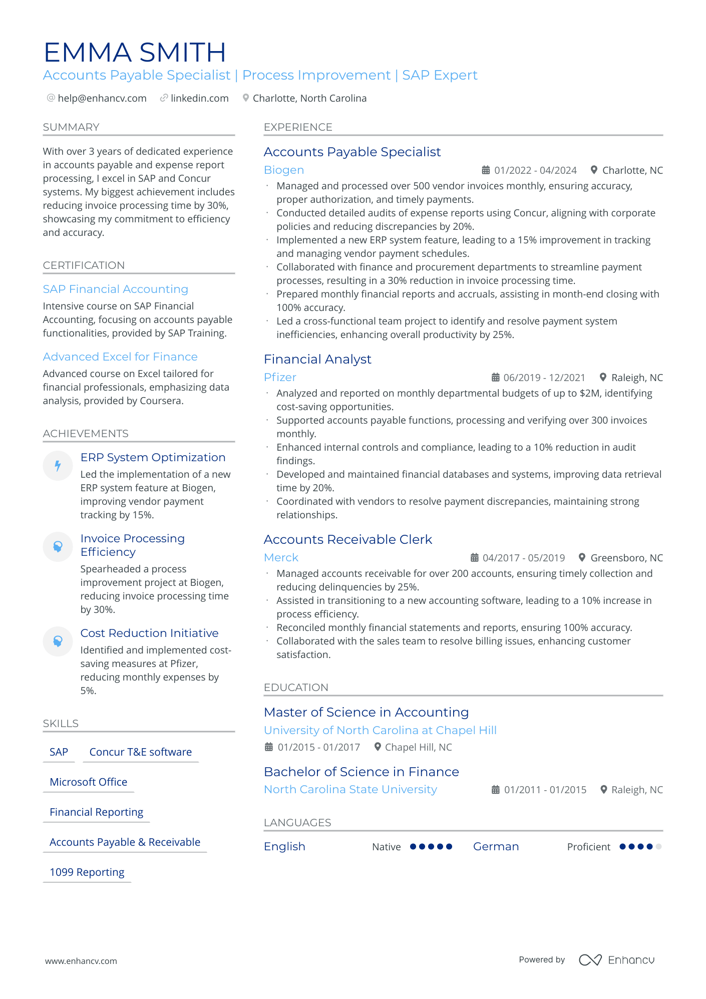 Accounts Payable Specialist | Process Improvement | SAP Expert resume example