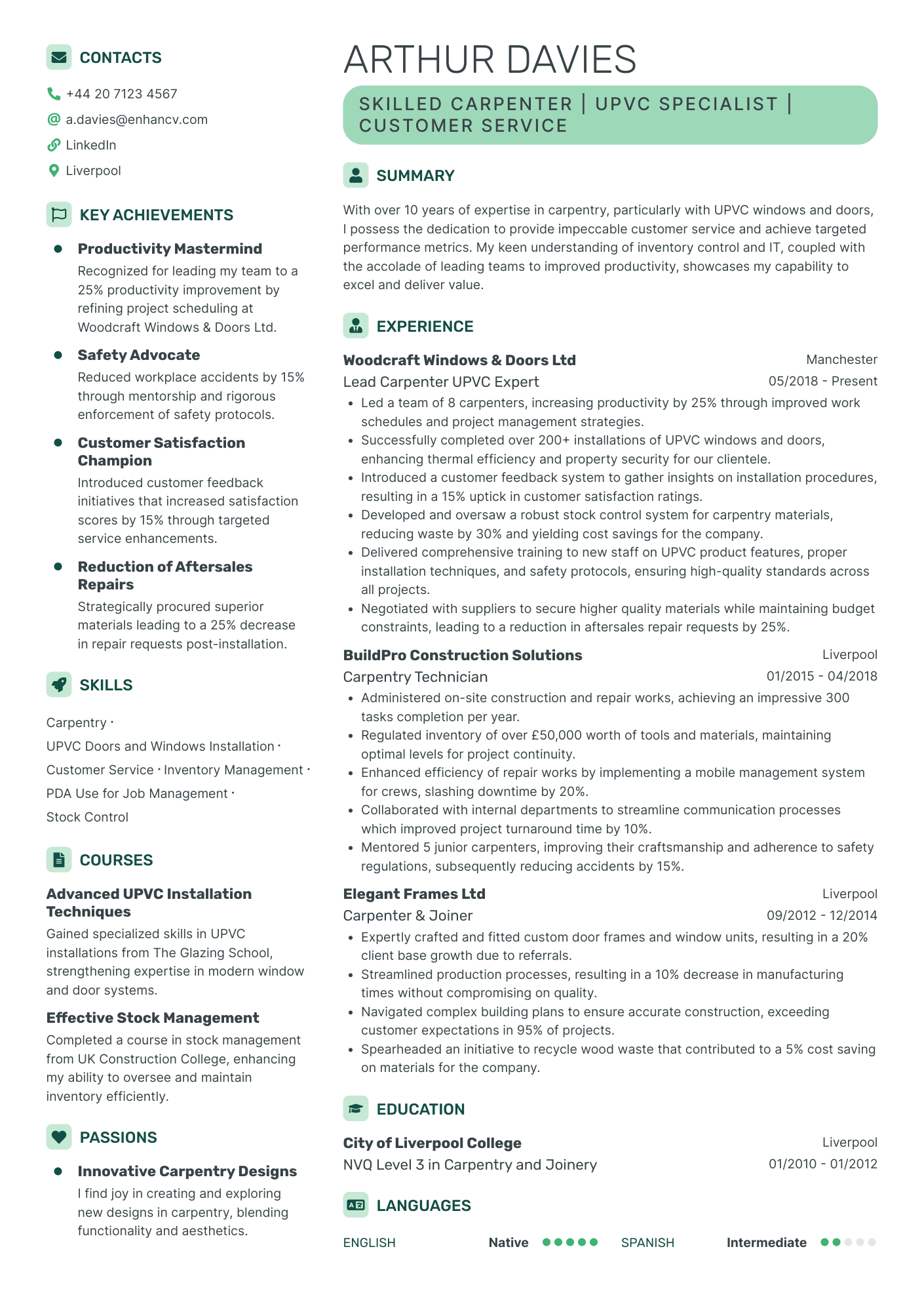 Skilled Carpenter | UPVC Specialist | Customer Service resume example