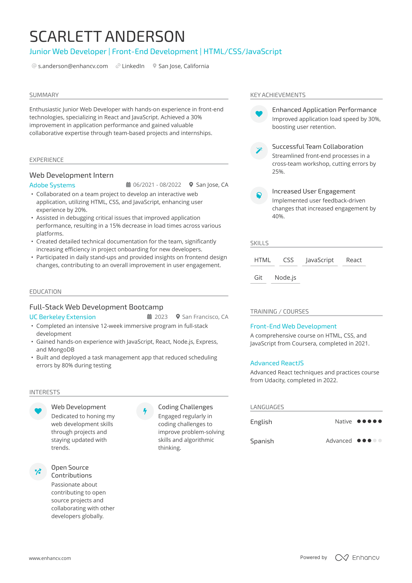 Junior Web Developer | Front End Development | HTML/CSS/JavaScript resume example