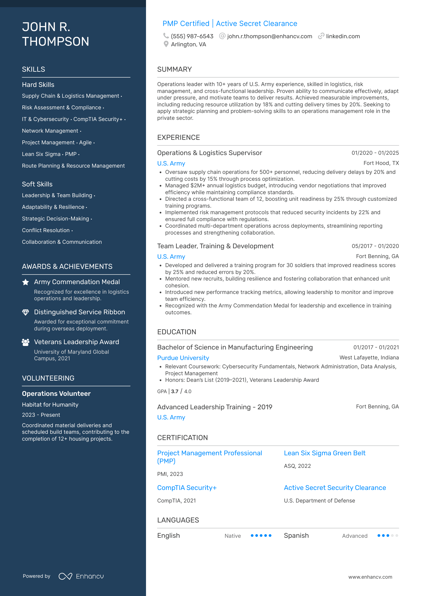 PMP Certified | Active Secret Clearance resume example