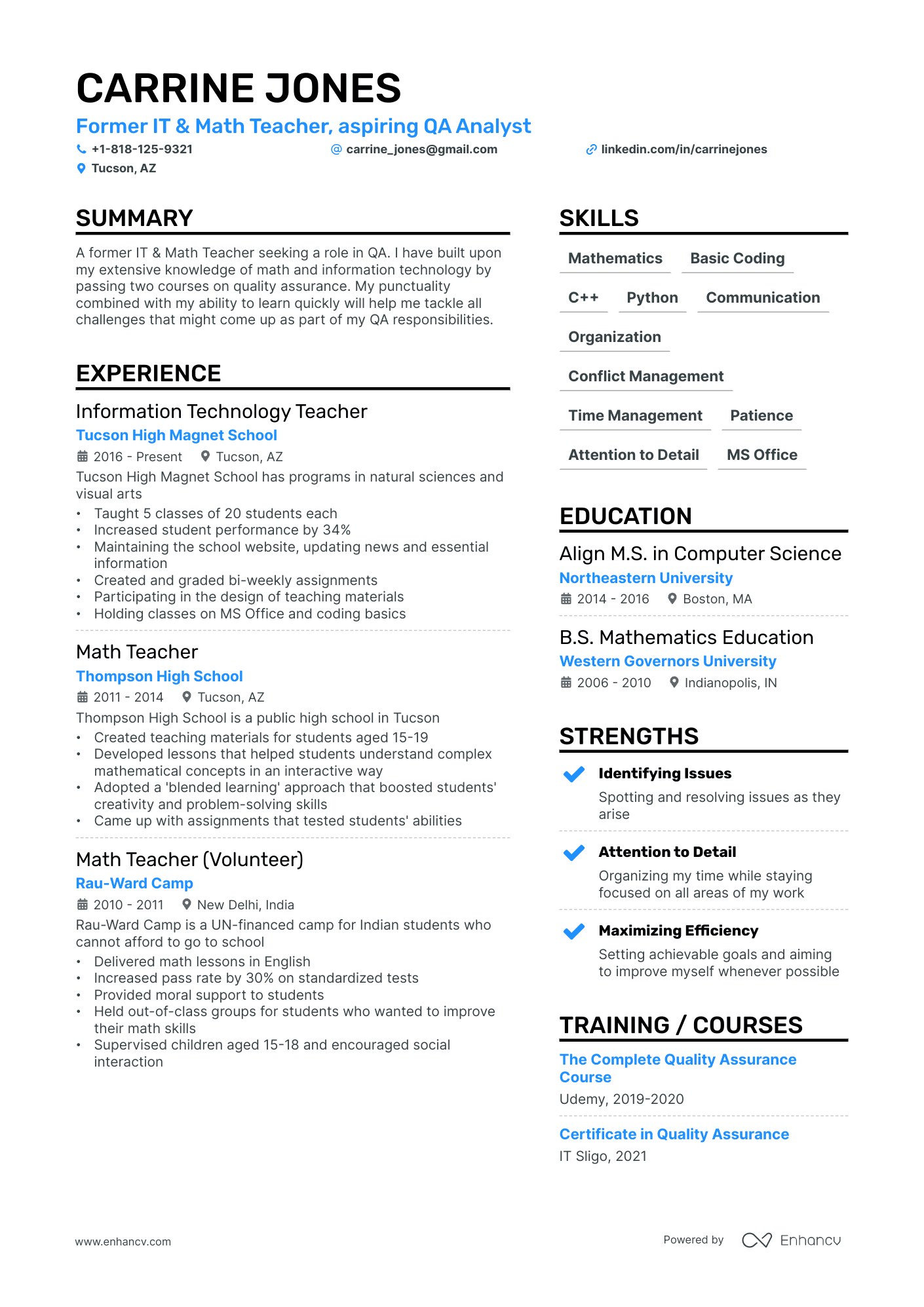 Former IT & Math Teacher, aspiring QA Analyst resume example