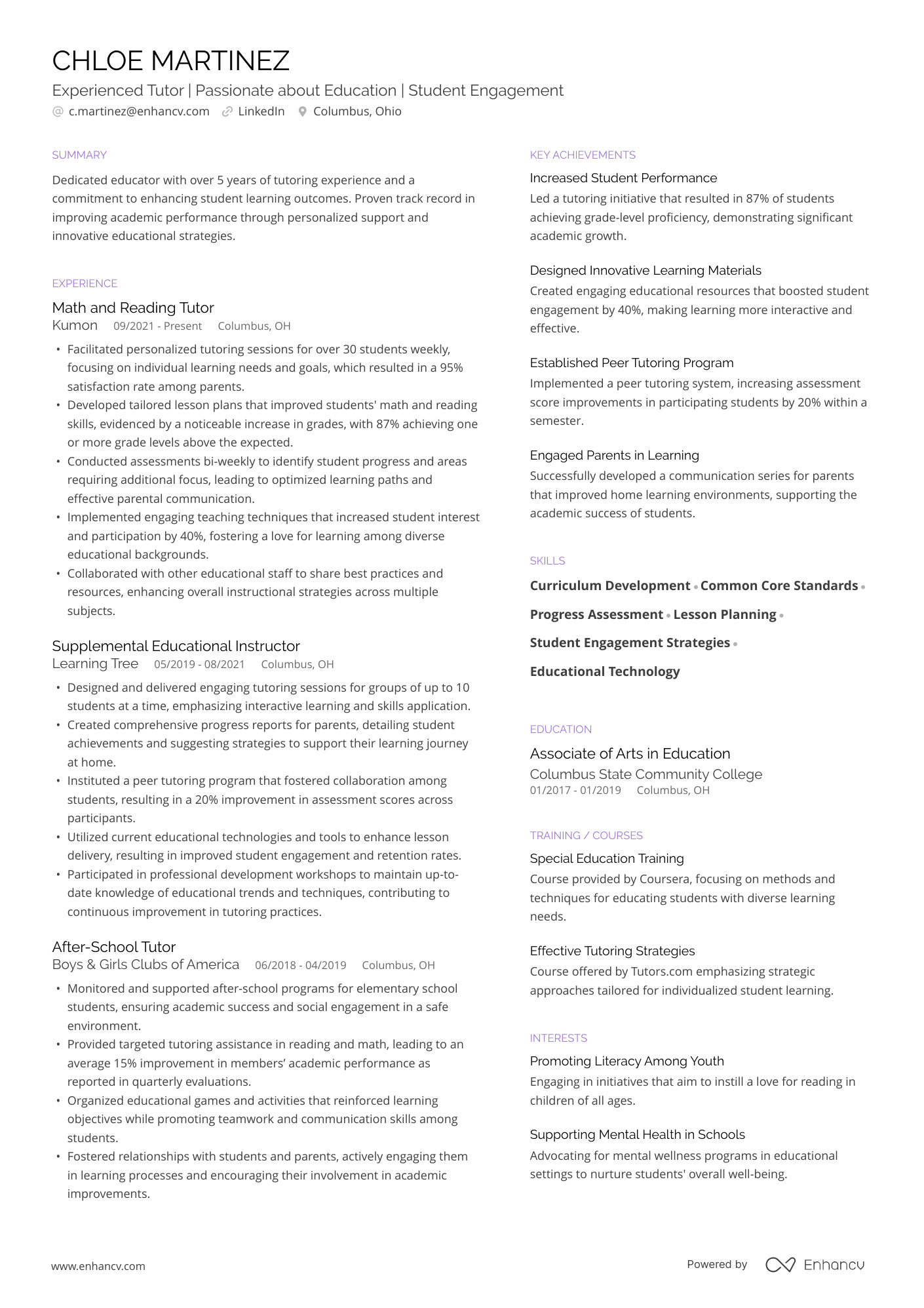 Experienced Tutor | Passionate about Education | Student Engagement resume example