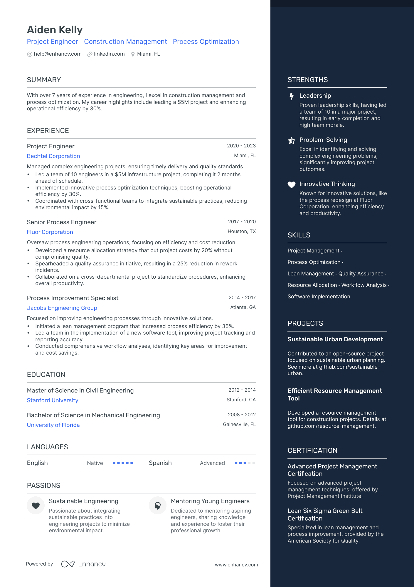 Project Engineer | Construction Management | Process Optimization resume example