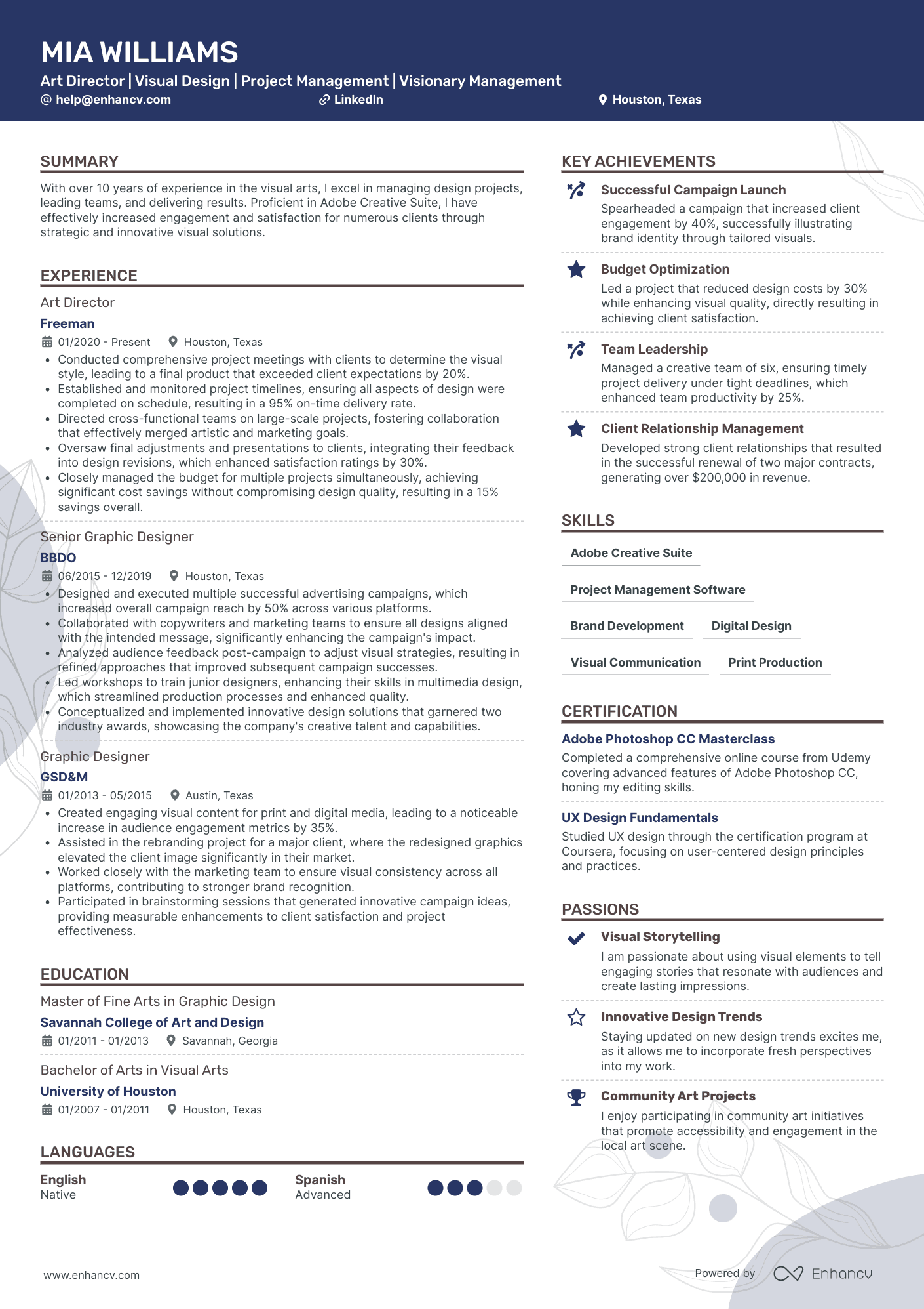 Art Director | Visual Design | Project Management | Visionary Management resume example