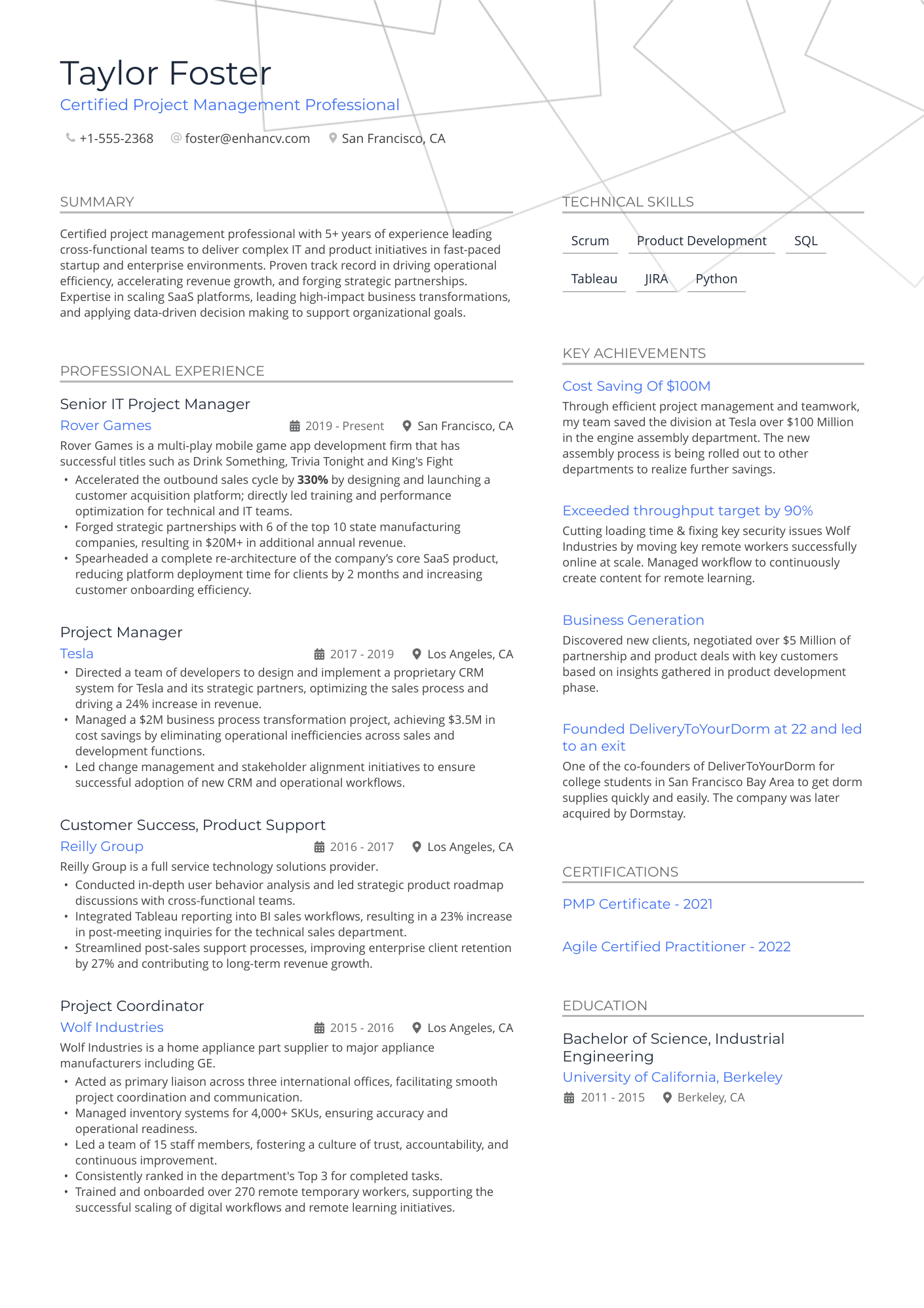 Certified Project Management Professional resume example