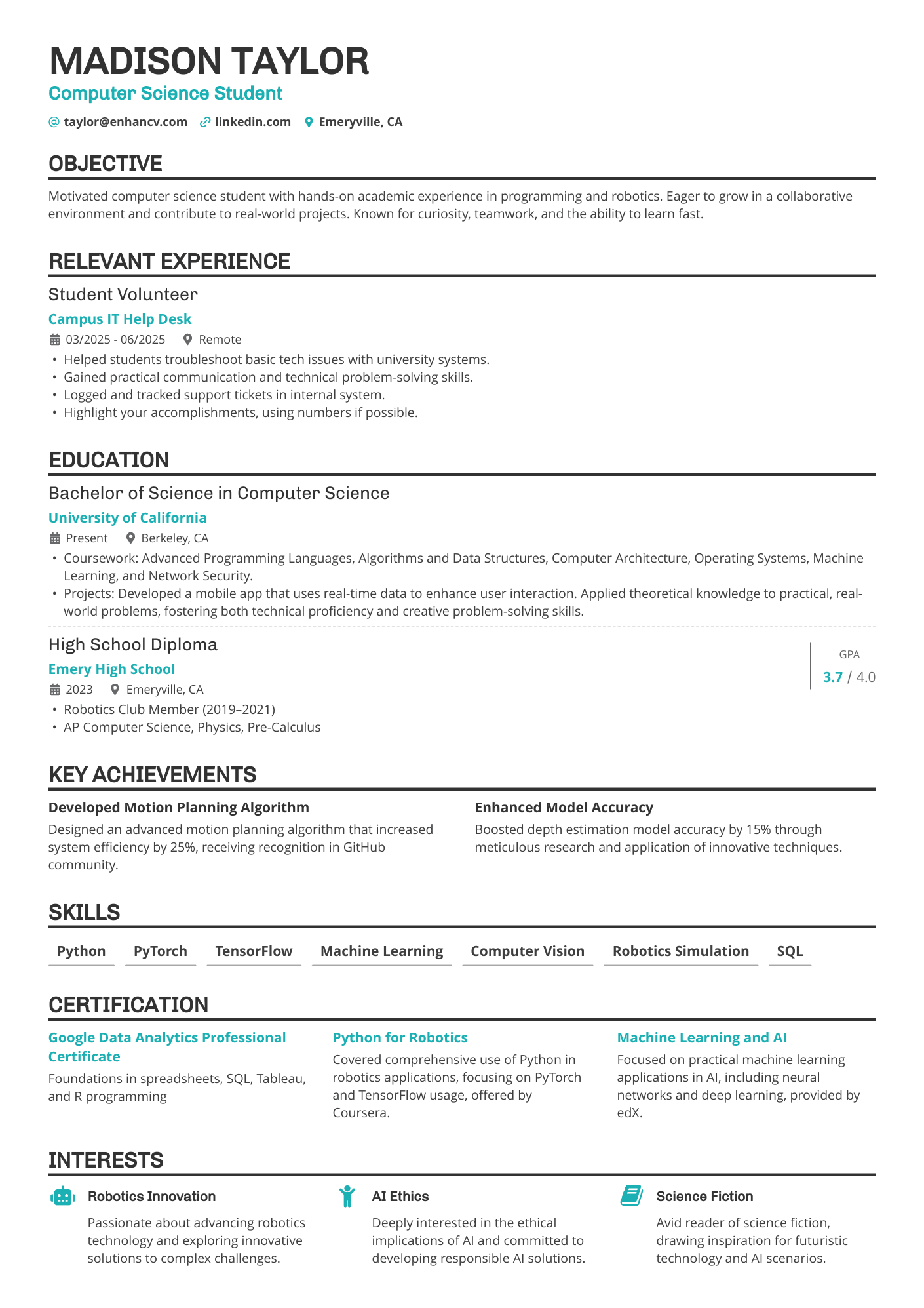 Computer Science Student resume example