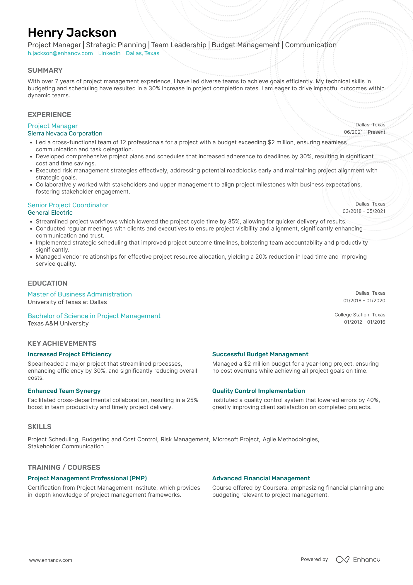 Project Manager | Strategic Planning | Team Leadership | Budget Management | Communication resume example