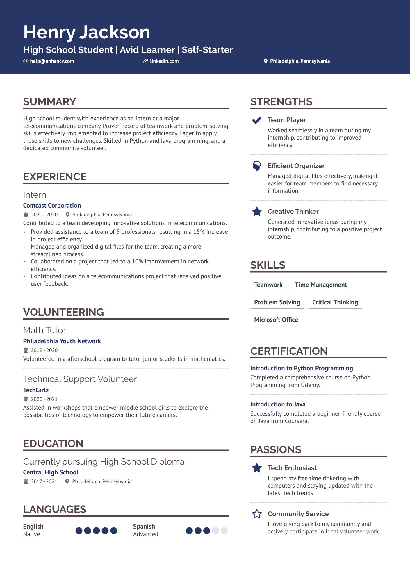 High School Student | Avid Learner | Self Starter resume example