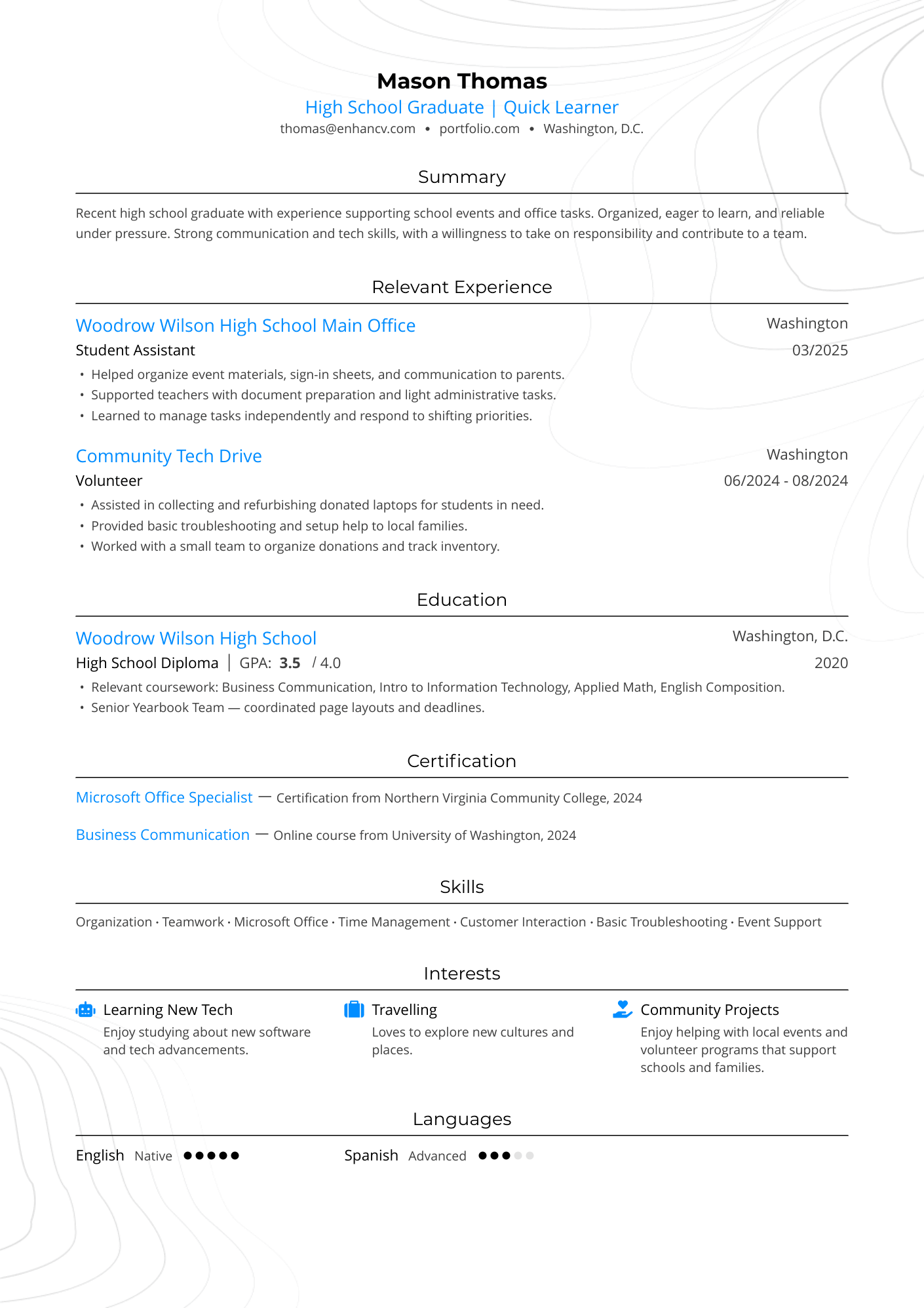 High School Graduate | Quick Learner resume example