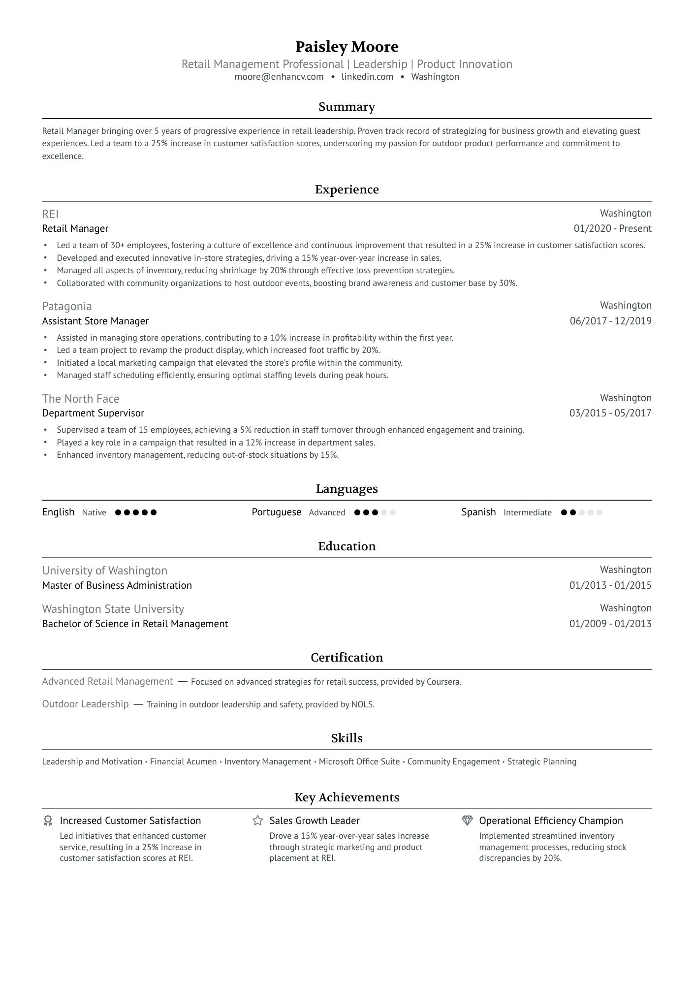 Retail Management Professional | Leadership | Product Innovation resume example