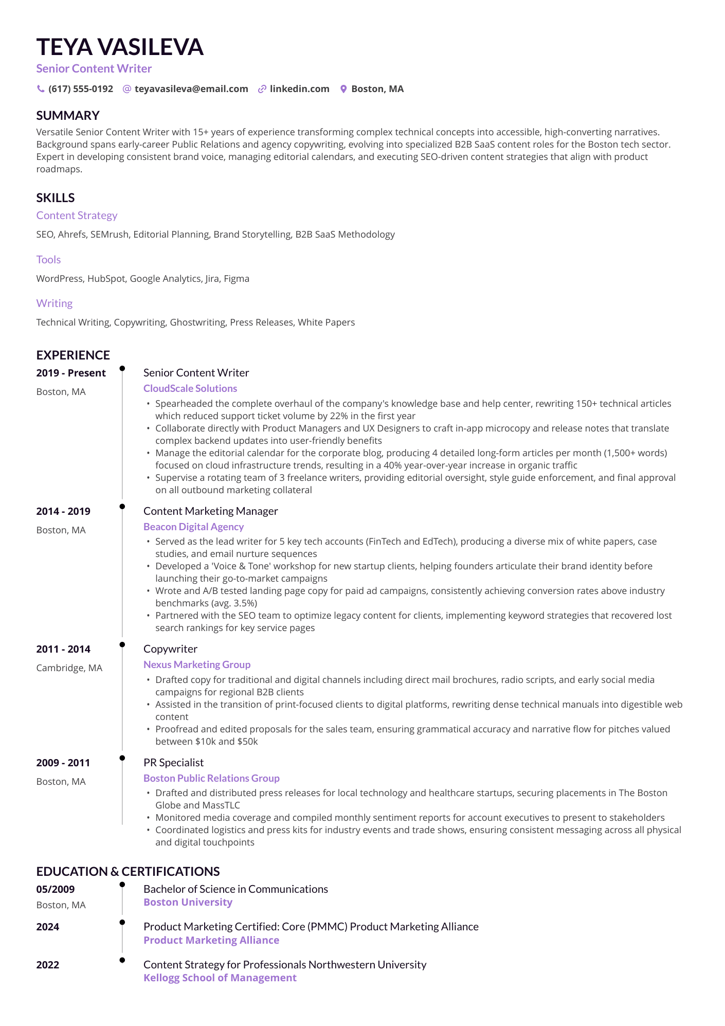 Senior Content Writer resume example