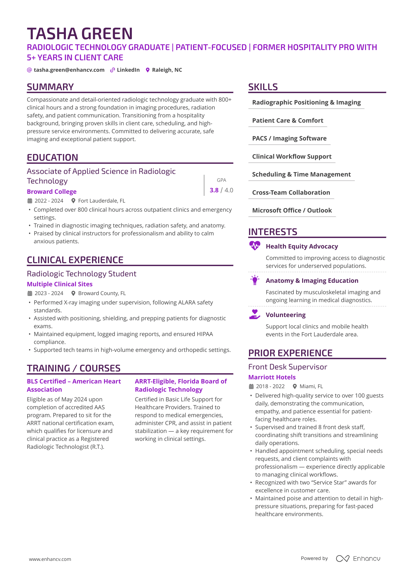 RADIOLOGIC TECHNOLOGY GRADUATE | PATIENT FOCUSED | FORMER HOSPITALITY PRO WITH 5+ YEARS IN CLIENT CARE resume example