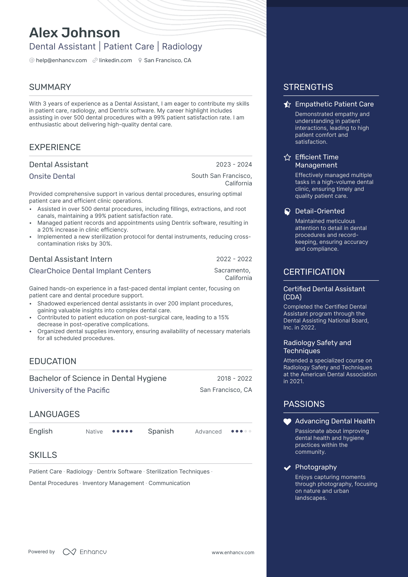 Dental Assistant | Patient Care | Radiology resume example