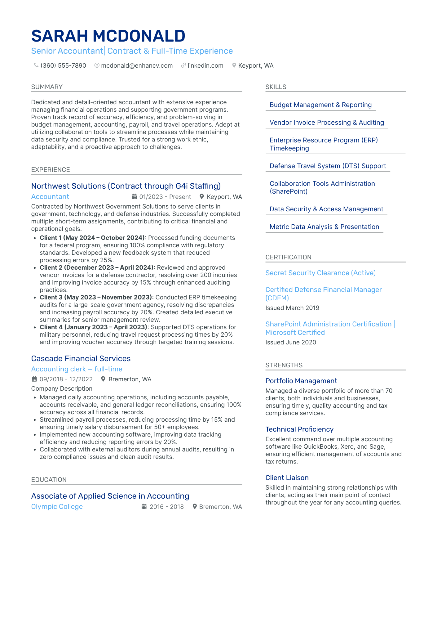 Senior Accountant| Contract & Full Time Experience resume example