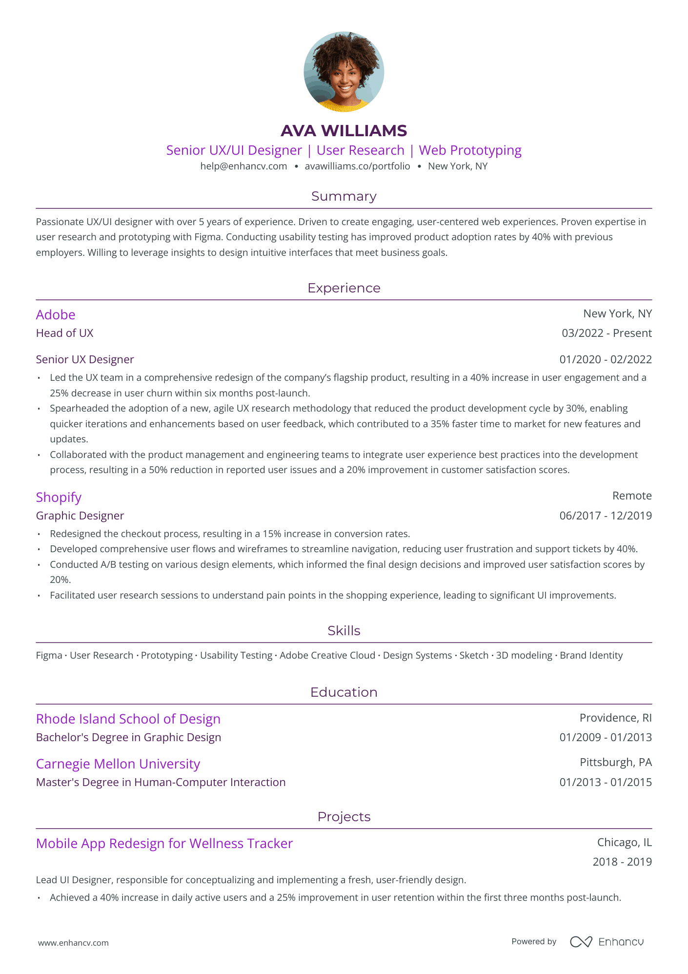 Senior UX/UI Designer | User Research | Web Prototyping resume example