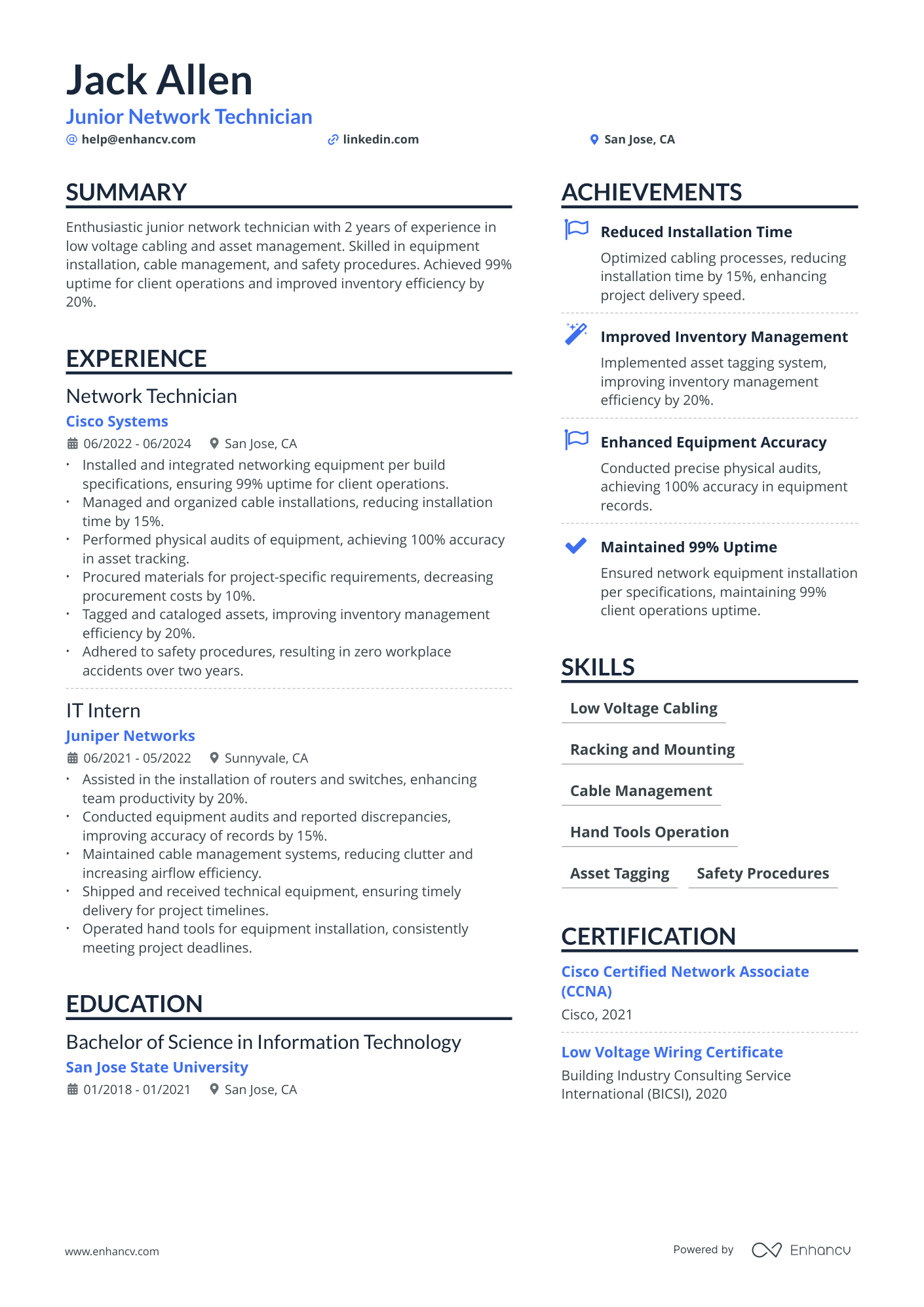 Junior Network Technician resume example