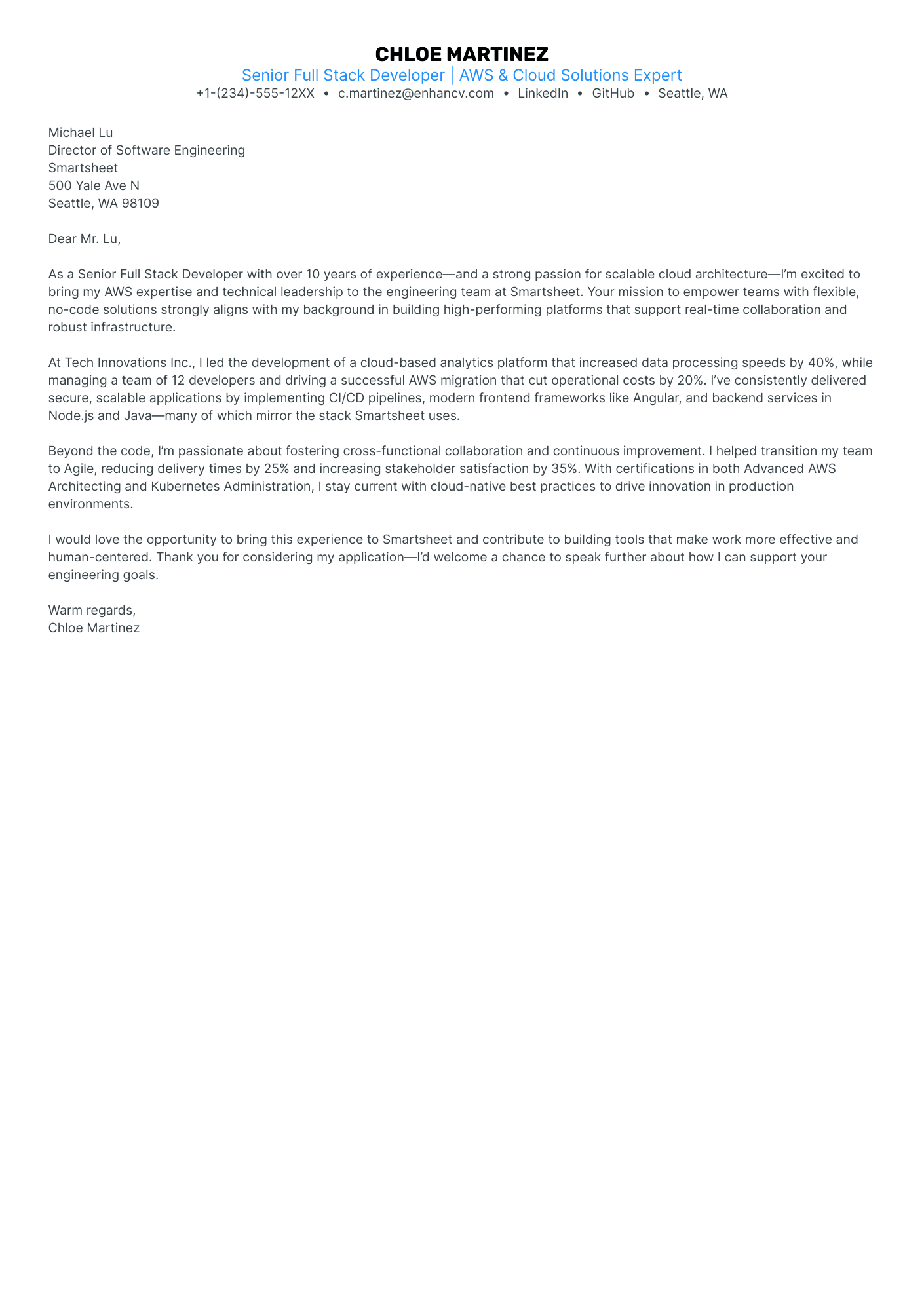 Senior Full Stack Developer | AWS &amp; Cloud Solutions Expert resume example