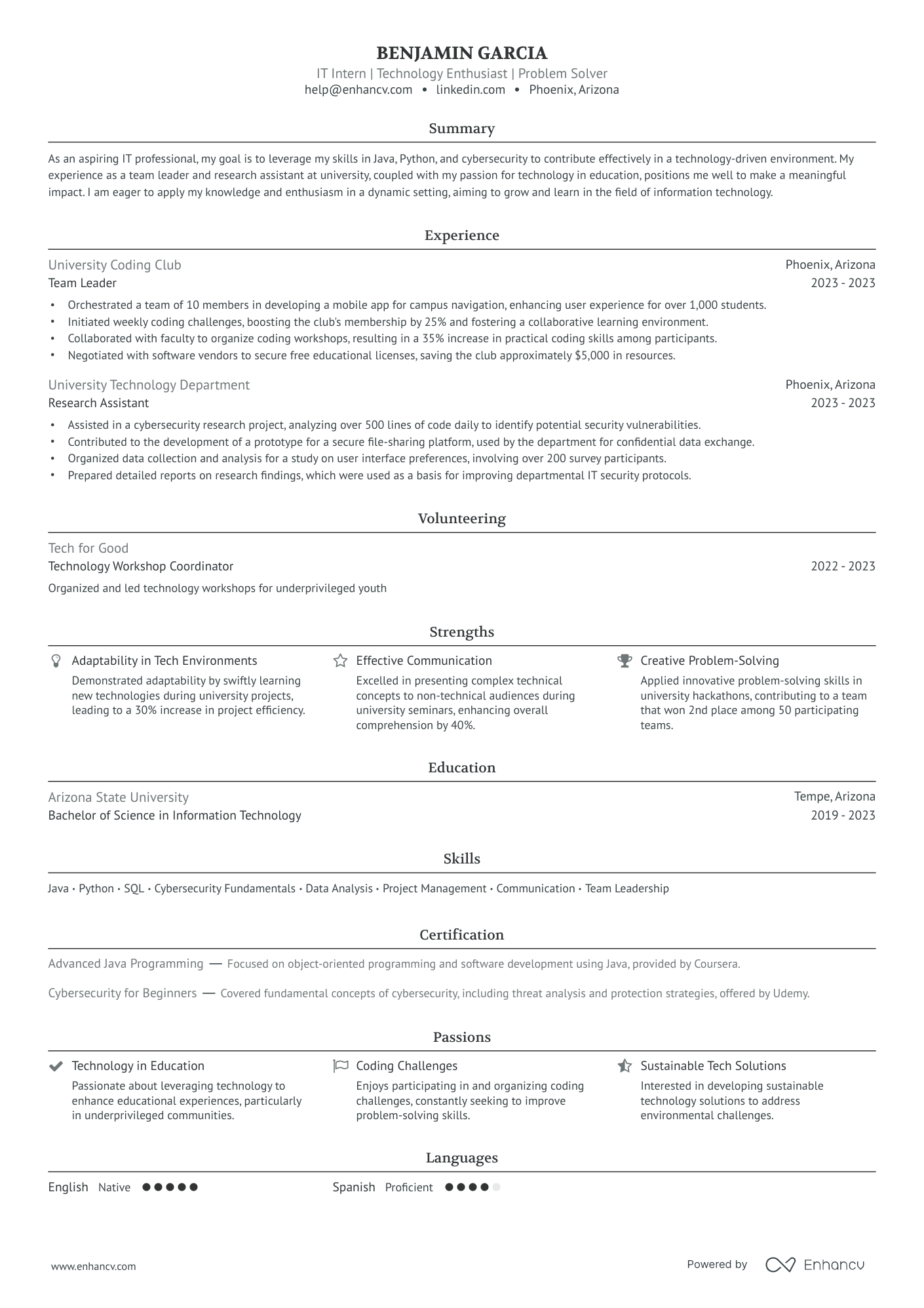 IT Intern | Technology Enthusiast | Problem Solver resume example