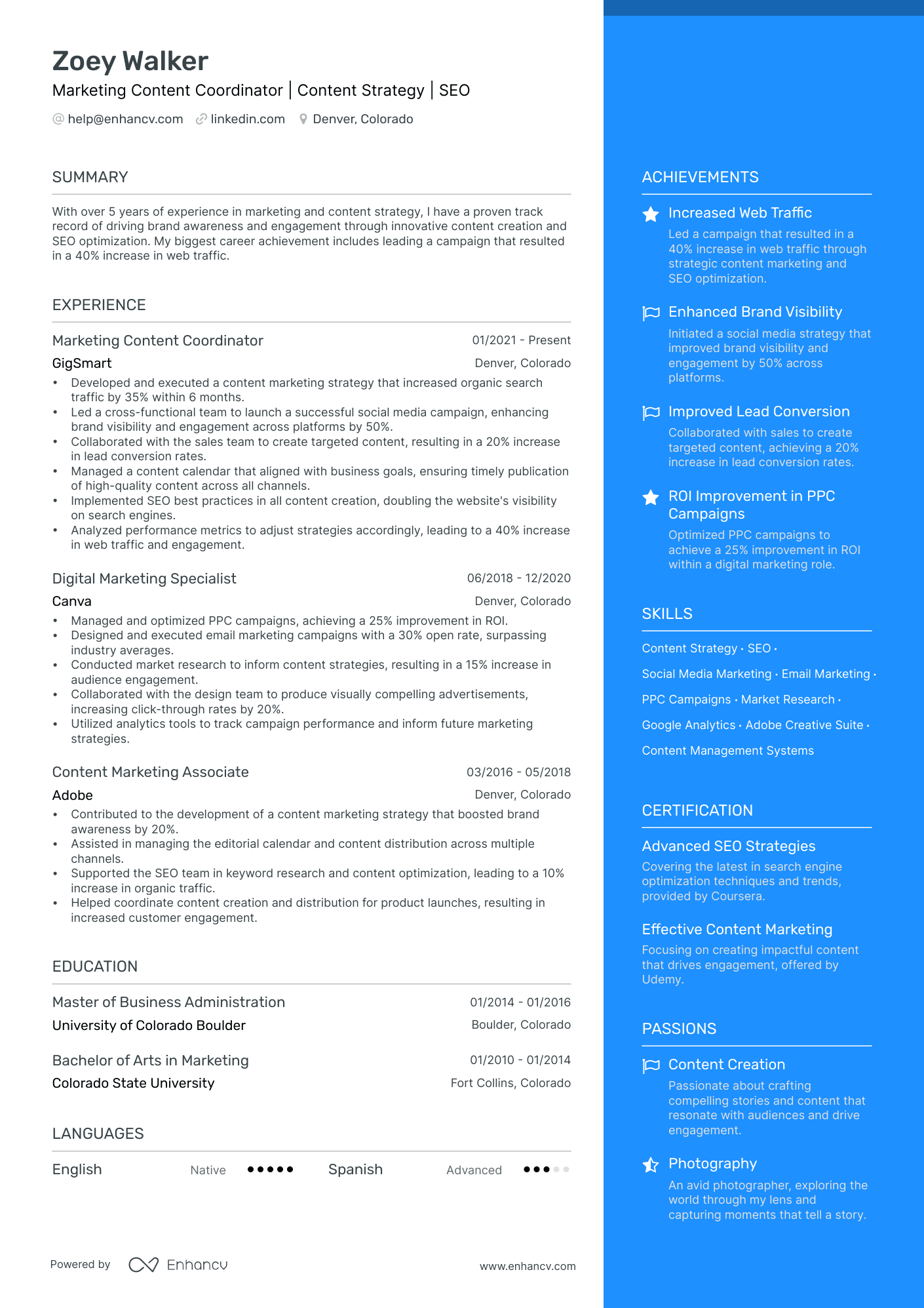 Marketing Content Coordinator | Content Strategy | SEO resume example