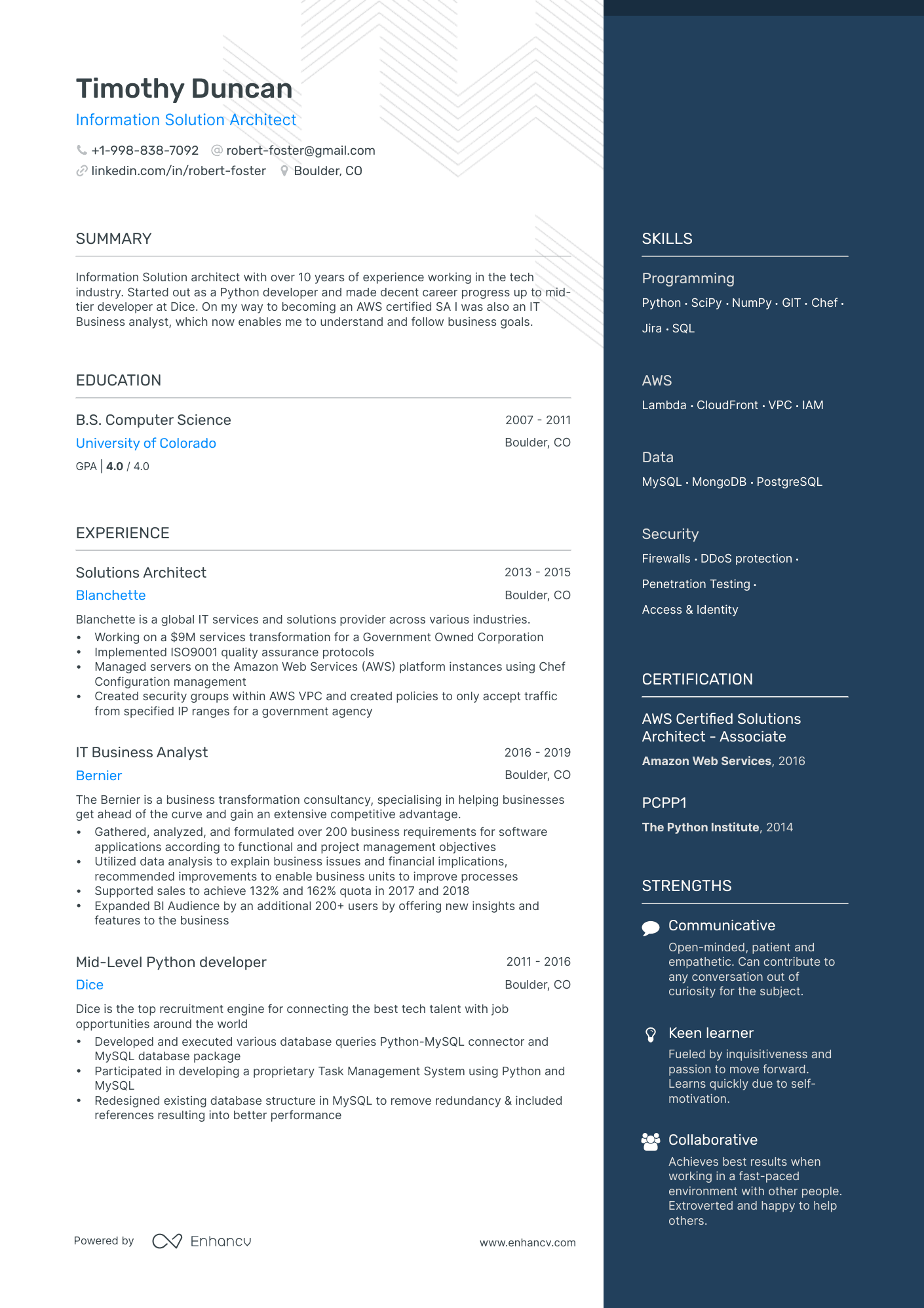 Information Solution Architect resume example