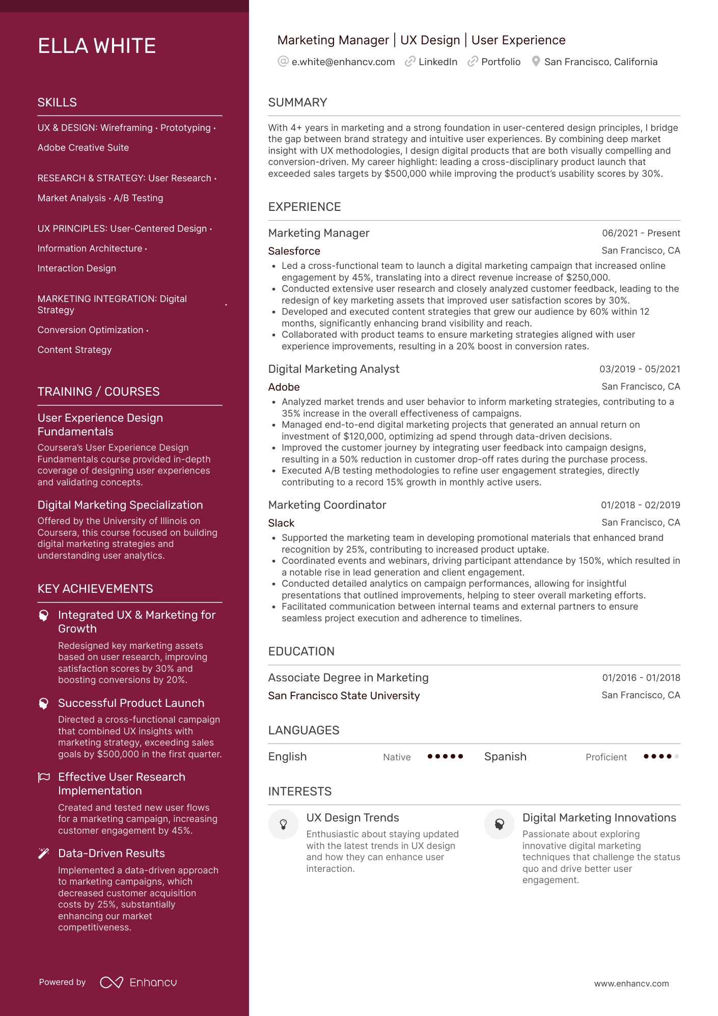 Marketing Manager | UX Design | User Experience resume example