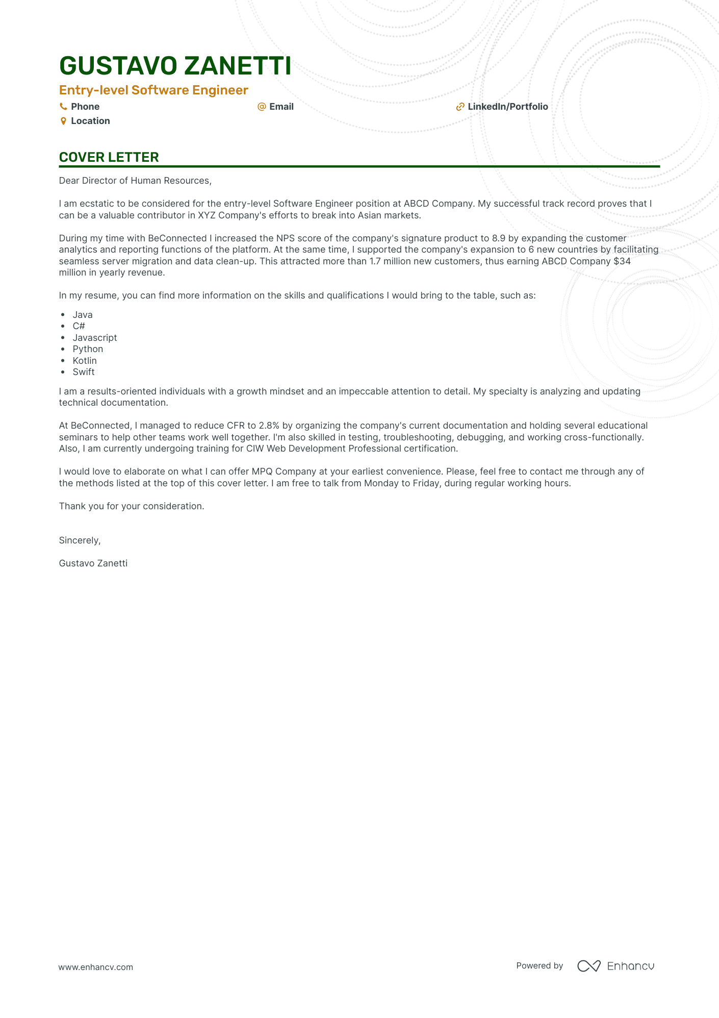 Entry level software engineer cover letter