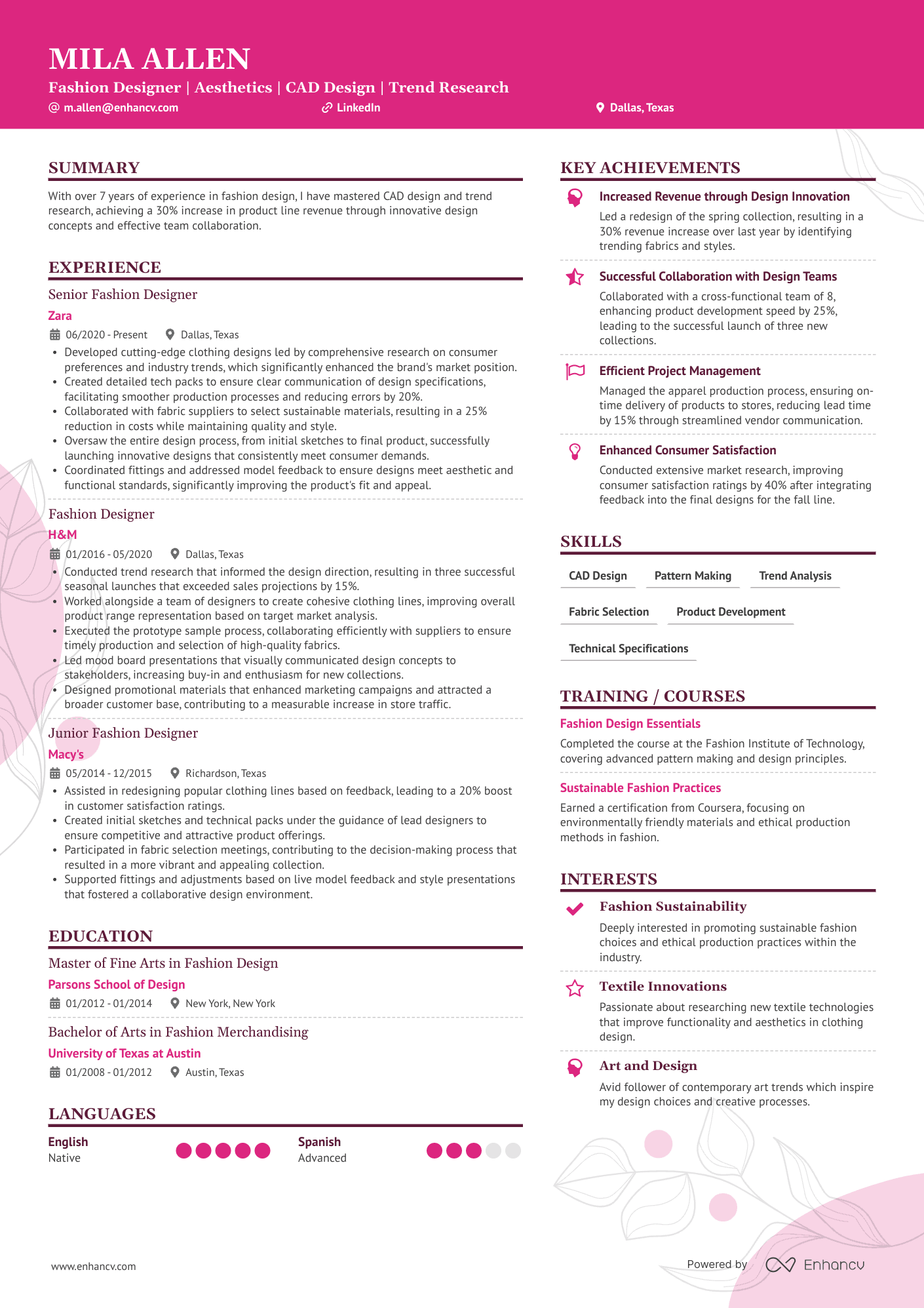 Fashion Designer | Aesthetics | CAD Design | Trend Research resume example