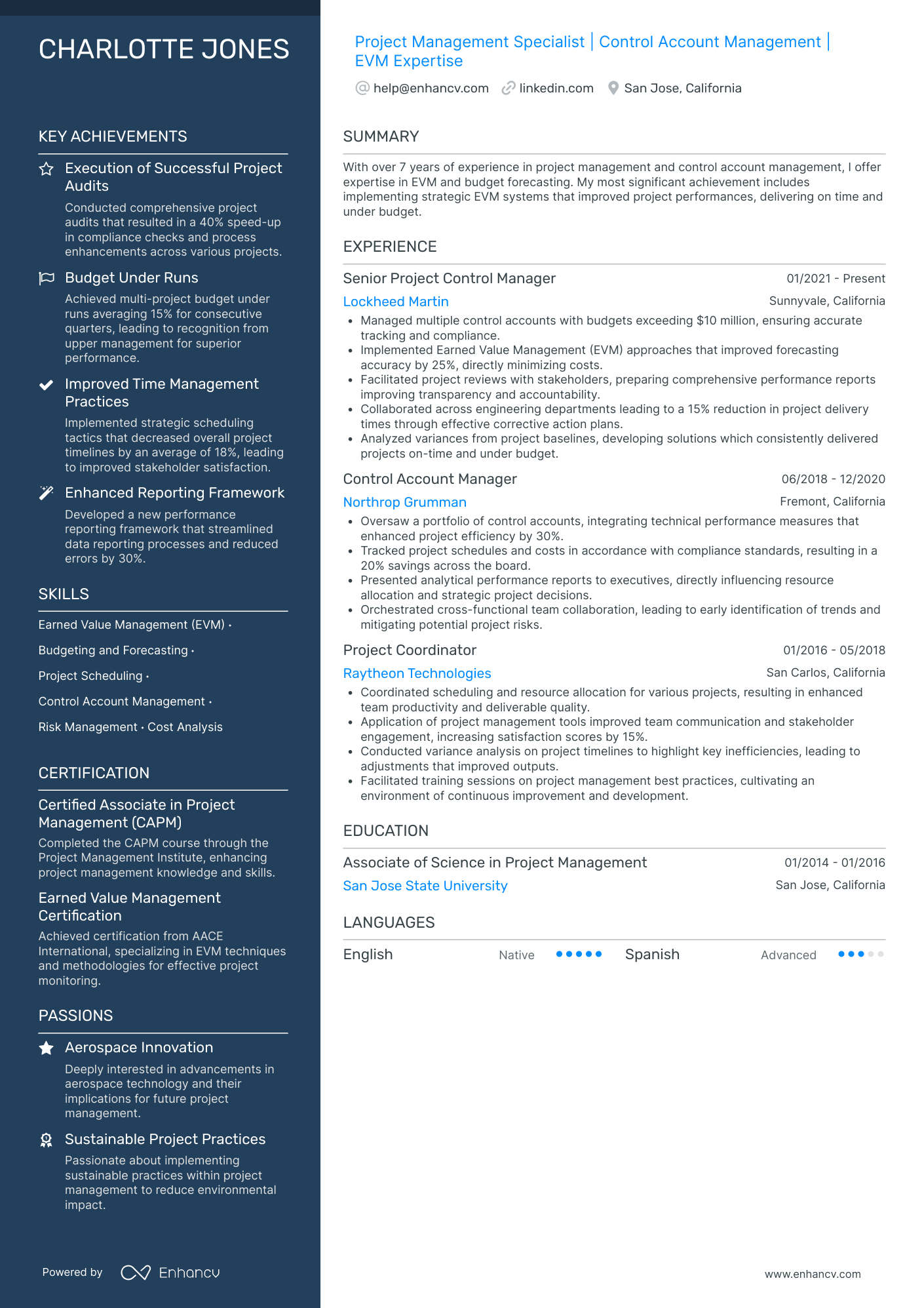 Project Management Specialist | Control Account Management | EVM Expertise resume example