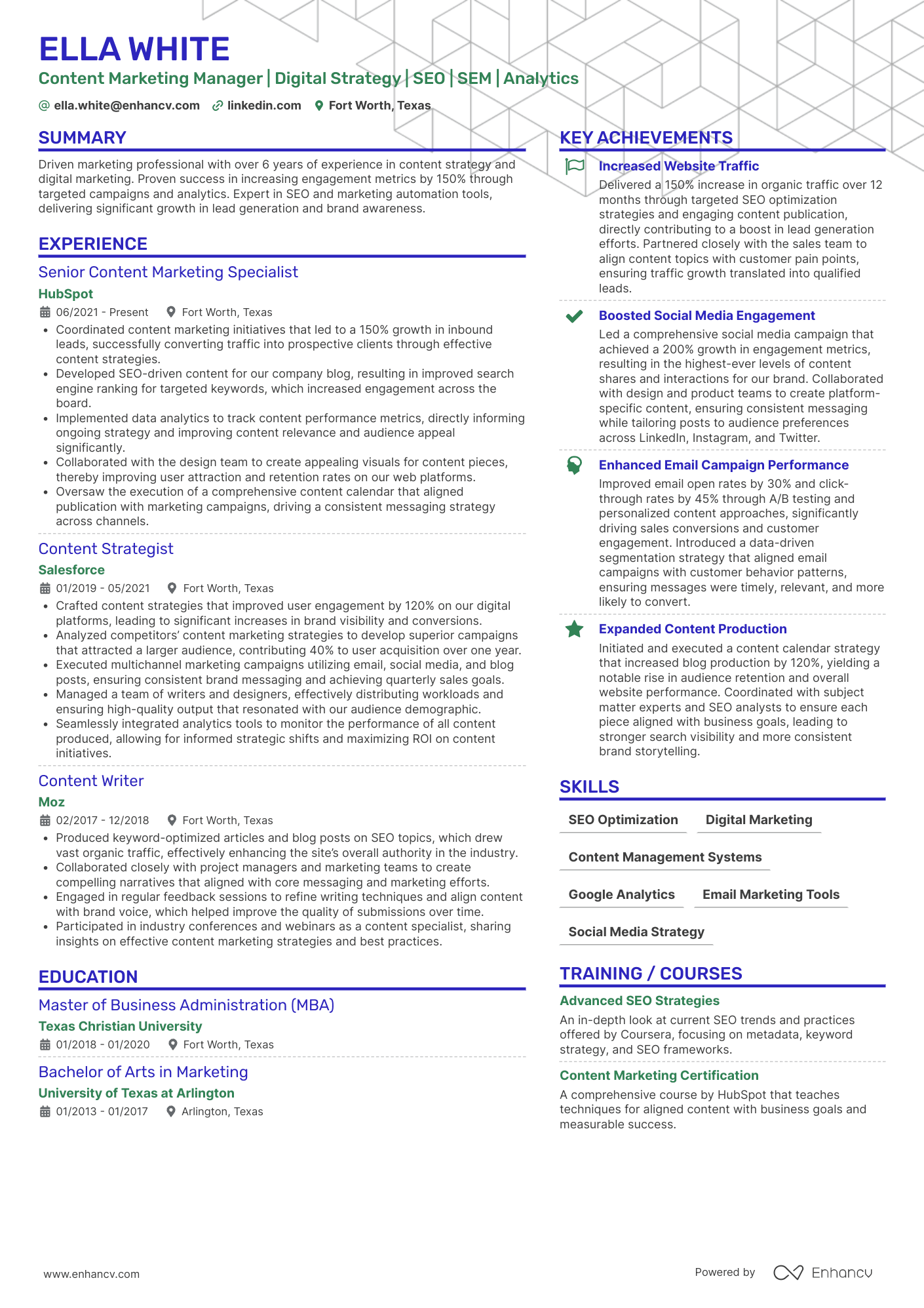 Content Marketing Manager | Digital Strategy | SEO | SEM | Analytics resume example