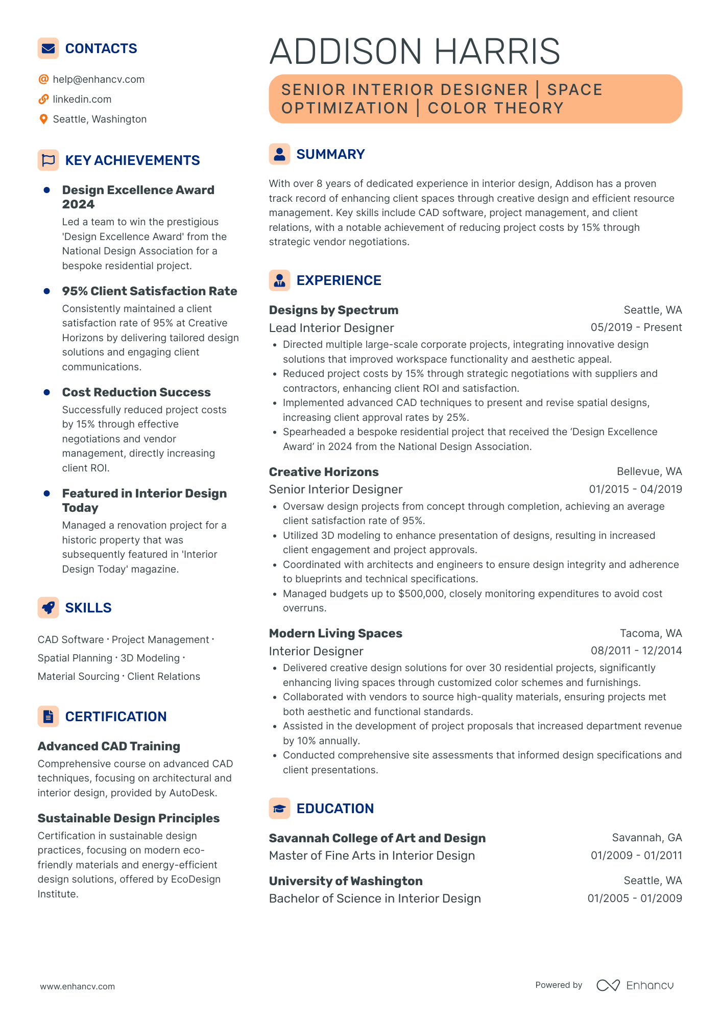 Senior Interior Designer | Space Optimization | Color Theory resume example